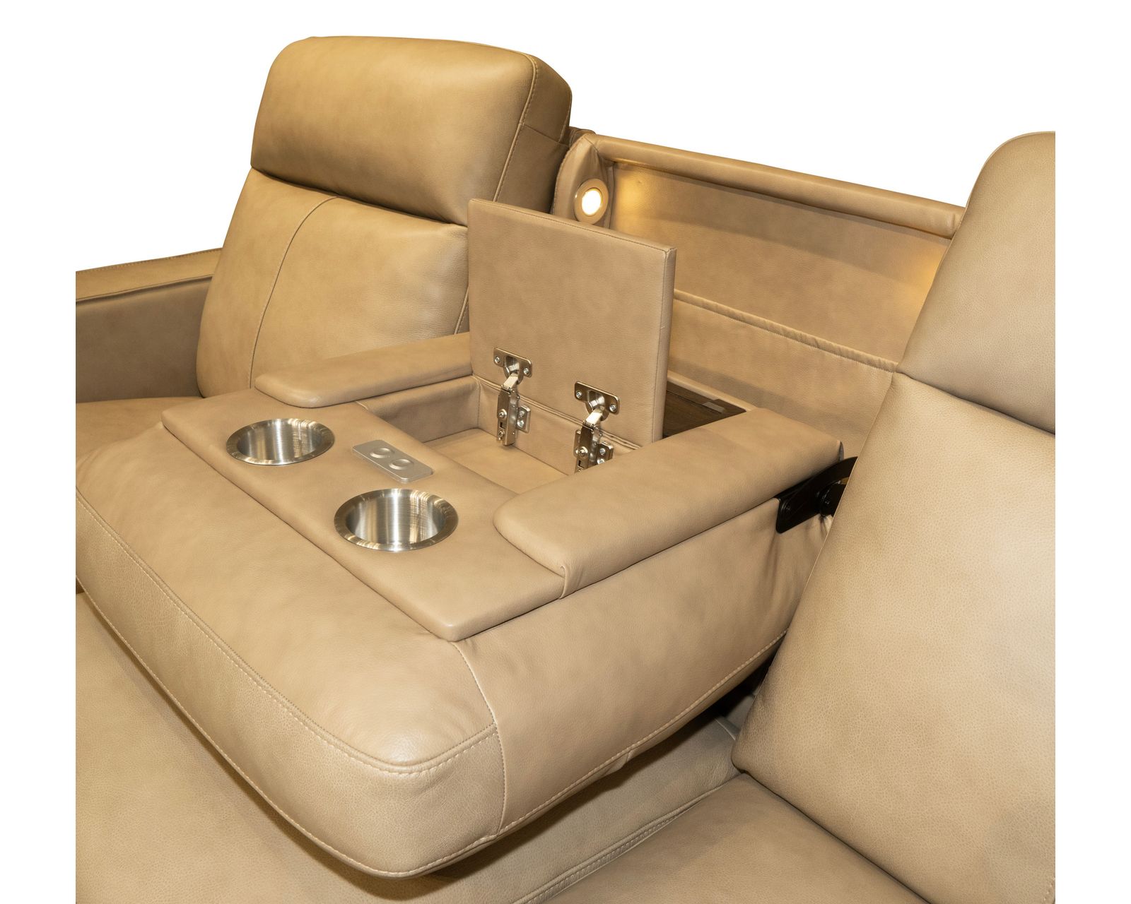 Dutch 1519 Triple Power Recliner (+2 colors) in stock - Center Dropdown table is loaded with features including lights, wireless charging, and metal cupholders.  