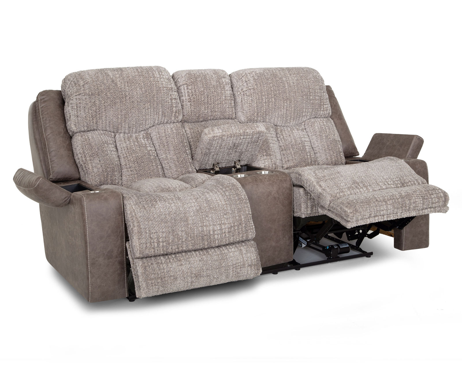 Denali 90" Power Reclining Sofa with Fold Down Table, Lights, USB, Wireless Charging, Dual Arm Storage, Massage, Cupholders & Drawer (+3 colors) - Two Tone Fabric