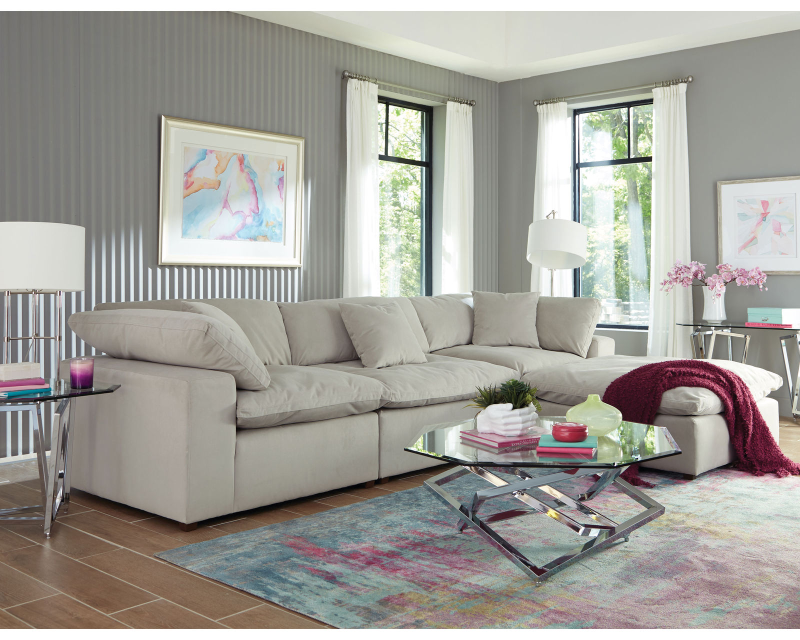 Posh Modular Sectional ( high performance fabric) includes pillows - 2 colors - Sectional Layout:  C -  Dove Fabric