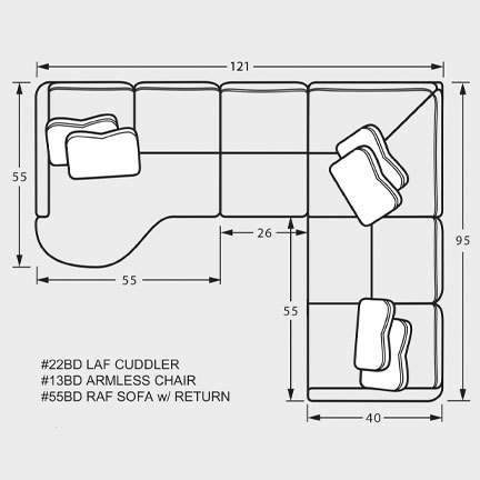Layout E: Four Piece Sectional 55" x 131" x 105"