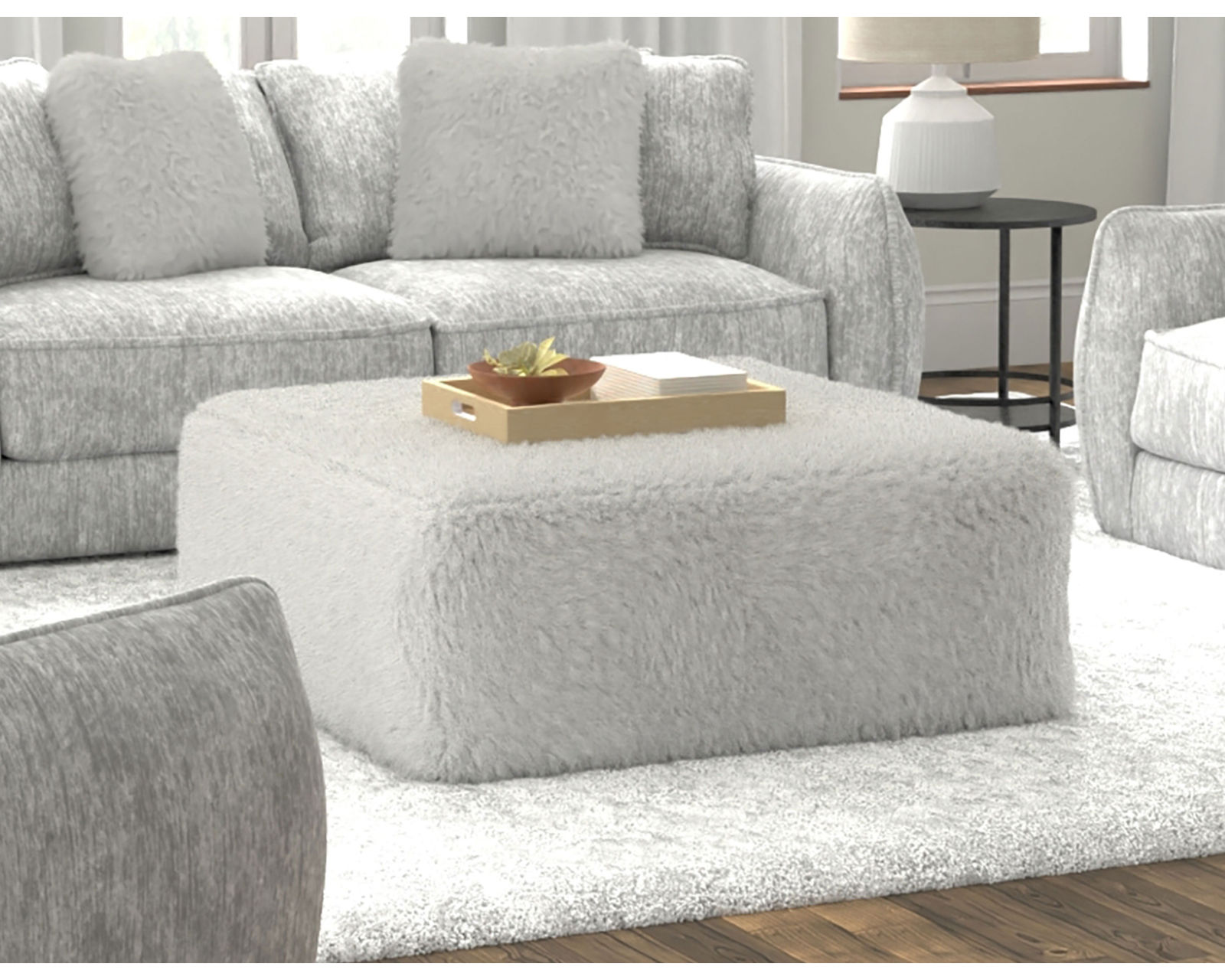 Bankside 91" Stationary Sofa (+2 colors) Includes Pillows - Bankside Cocktail Ottoman in Faux Fir Fabric