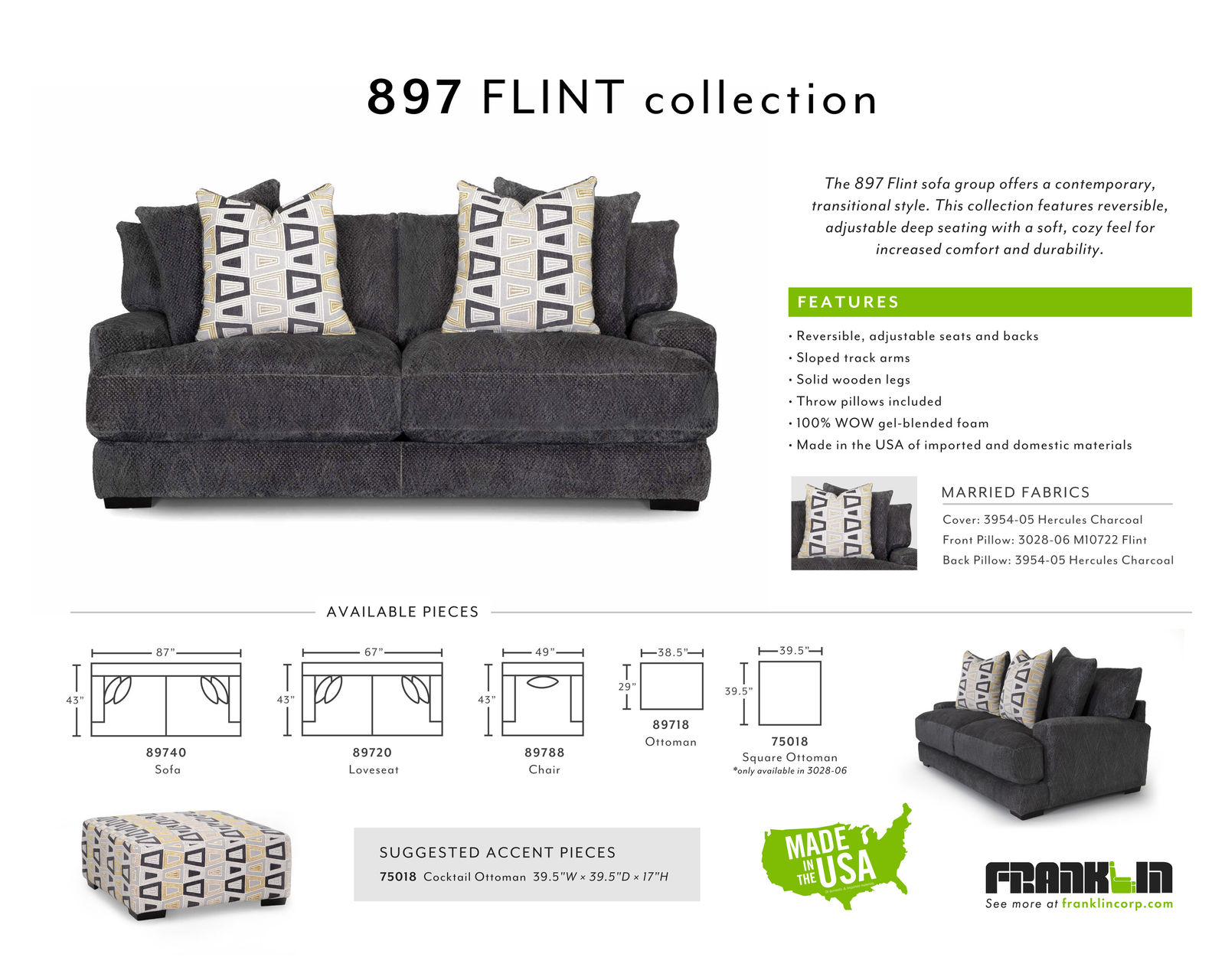 Flint 87" Stationary Sofa (Includes Pillows)
