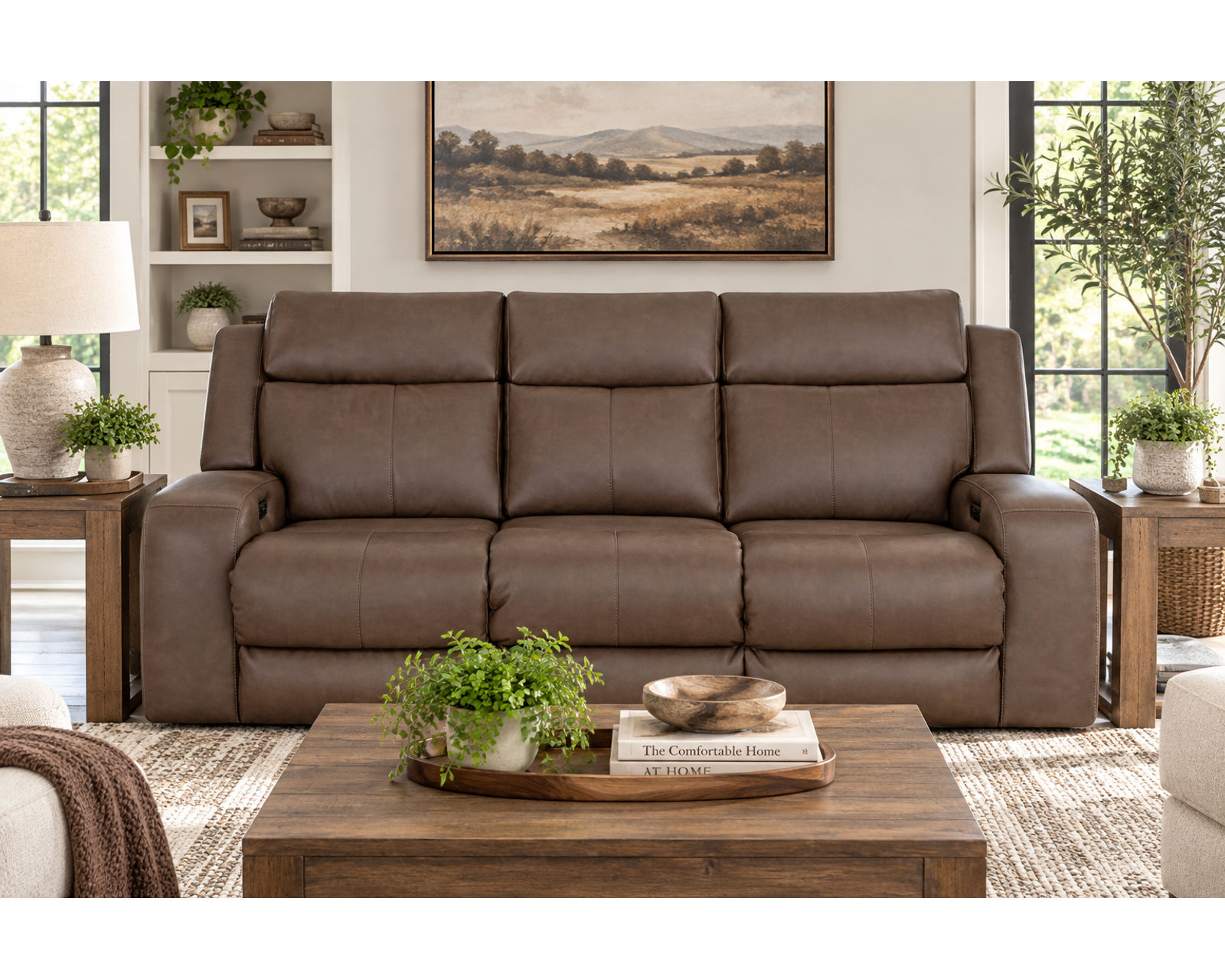 Winston 92" Reclining Sofa with Drop-Down Table & Cupholders Taupe (Sophisticated Style. Serious Comfort. Neori Air Massage Option) - Shown in Durable Leather Like Fabric Color Taupe