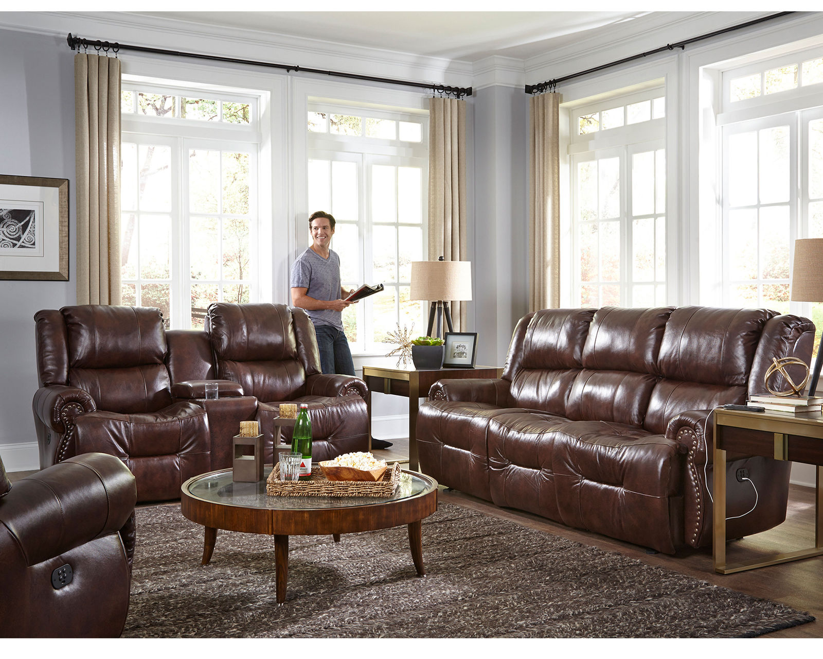 Genet Leather Double Reclining Sofa w/ Dropdown Table (+30 leathers) 85" - Genet Leather Double Reclining Sofa w/ Dropdown Table