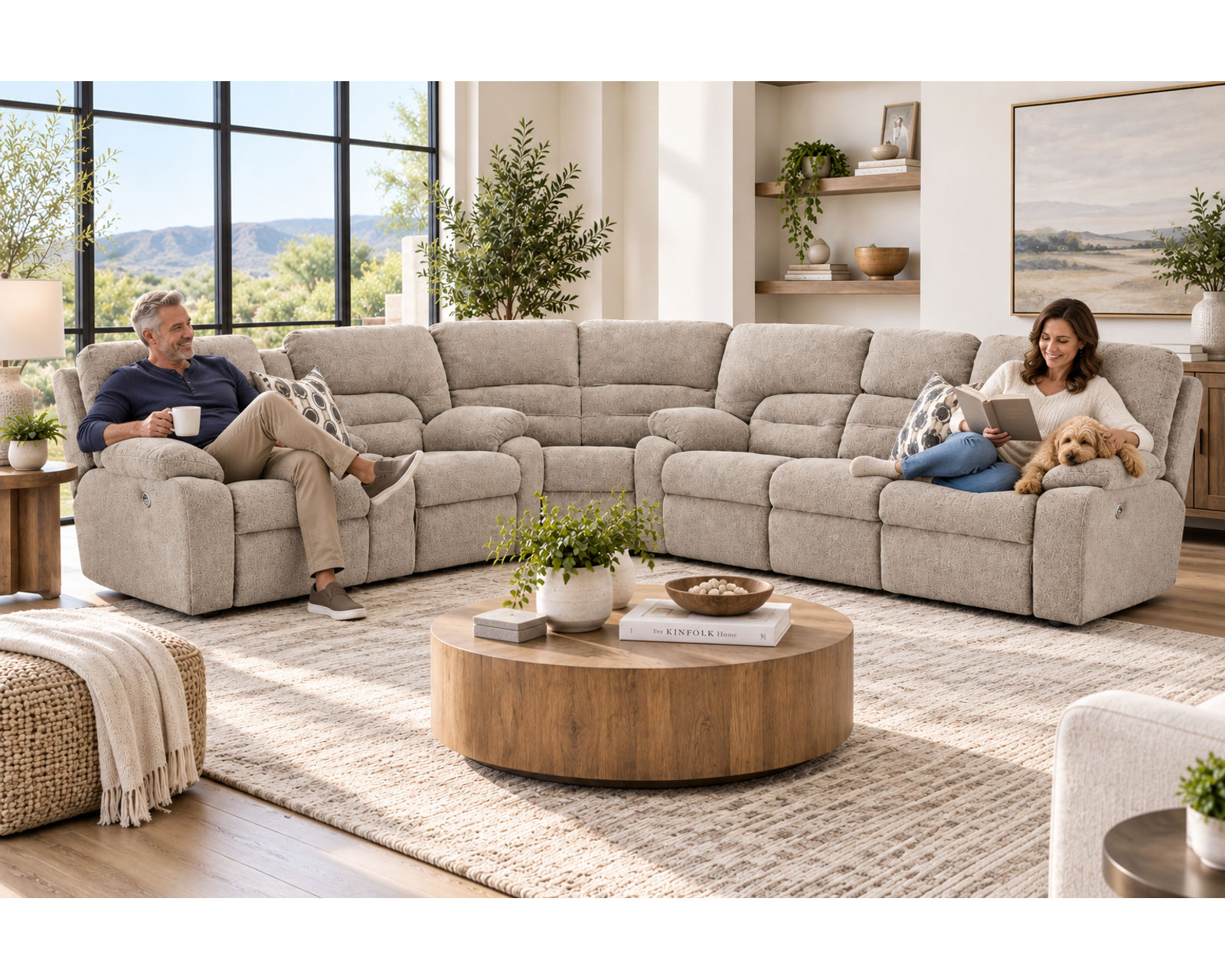 Tribute 797 Three-Piece Dual Power Reclining Sectional Stone (center drop-down table - built-in reading lights, stainless-steel cupholders, USB charging and wireless charging - drop down table) - Built Strong. Made to Move.