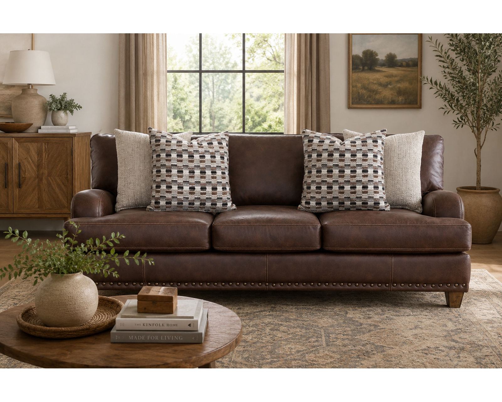 Dayton 93" Leather-Look Fabric Sofa (Rugged Character. Sink-In Comfort. Timeless Style) - Shown in Durable Leather Like Fabric Color Auburn