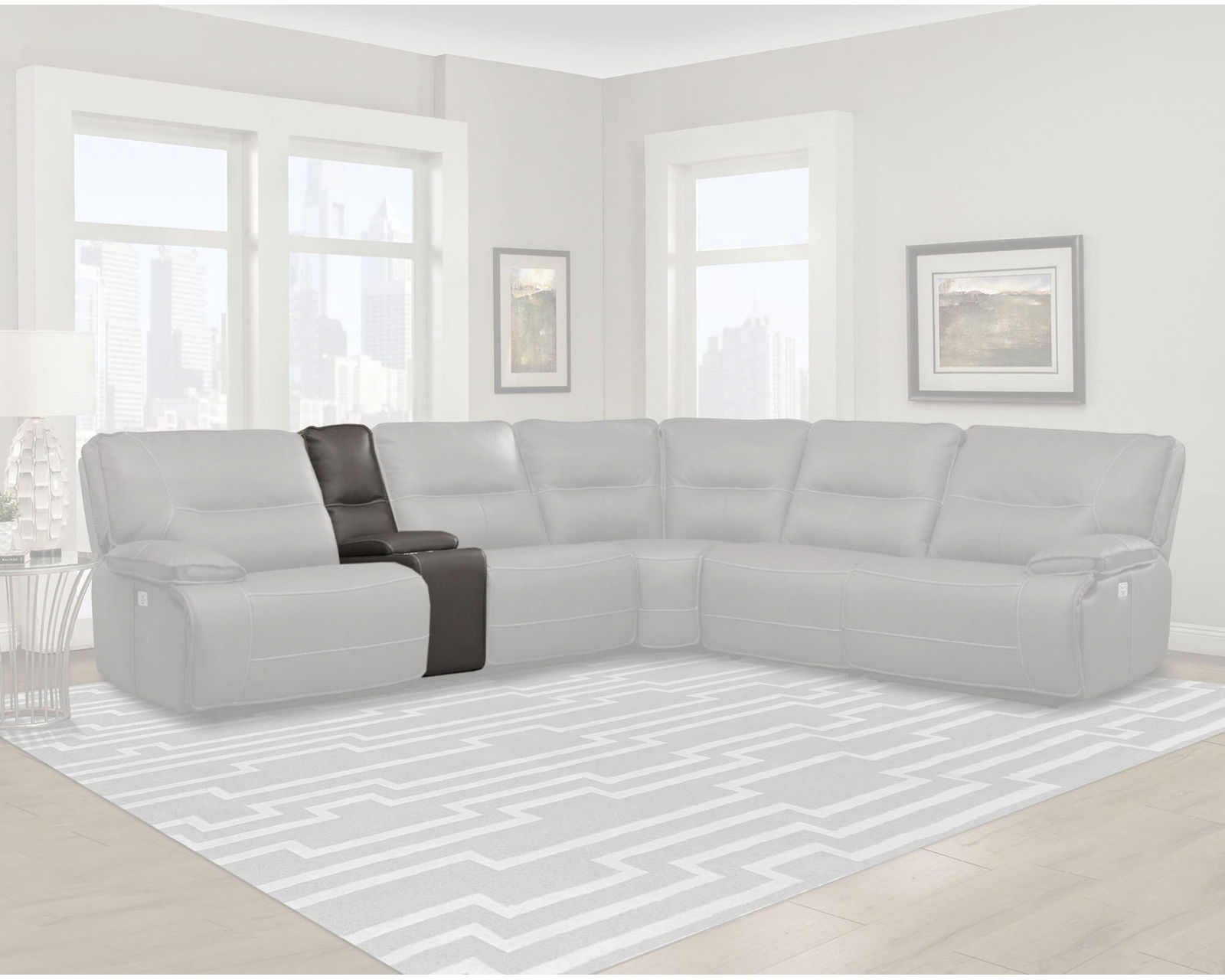 Spartacus Power Headrest Power Reclining Sectional Haze (Leather like fabric) In stock - Fast shipping - Entertainment Console with Pop Up USB