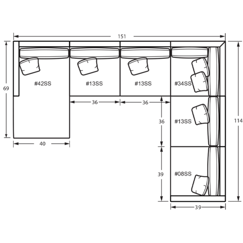 Layout F: Six Piece Sectional 69" x 151" x 114"