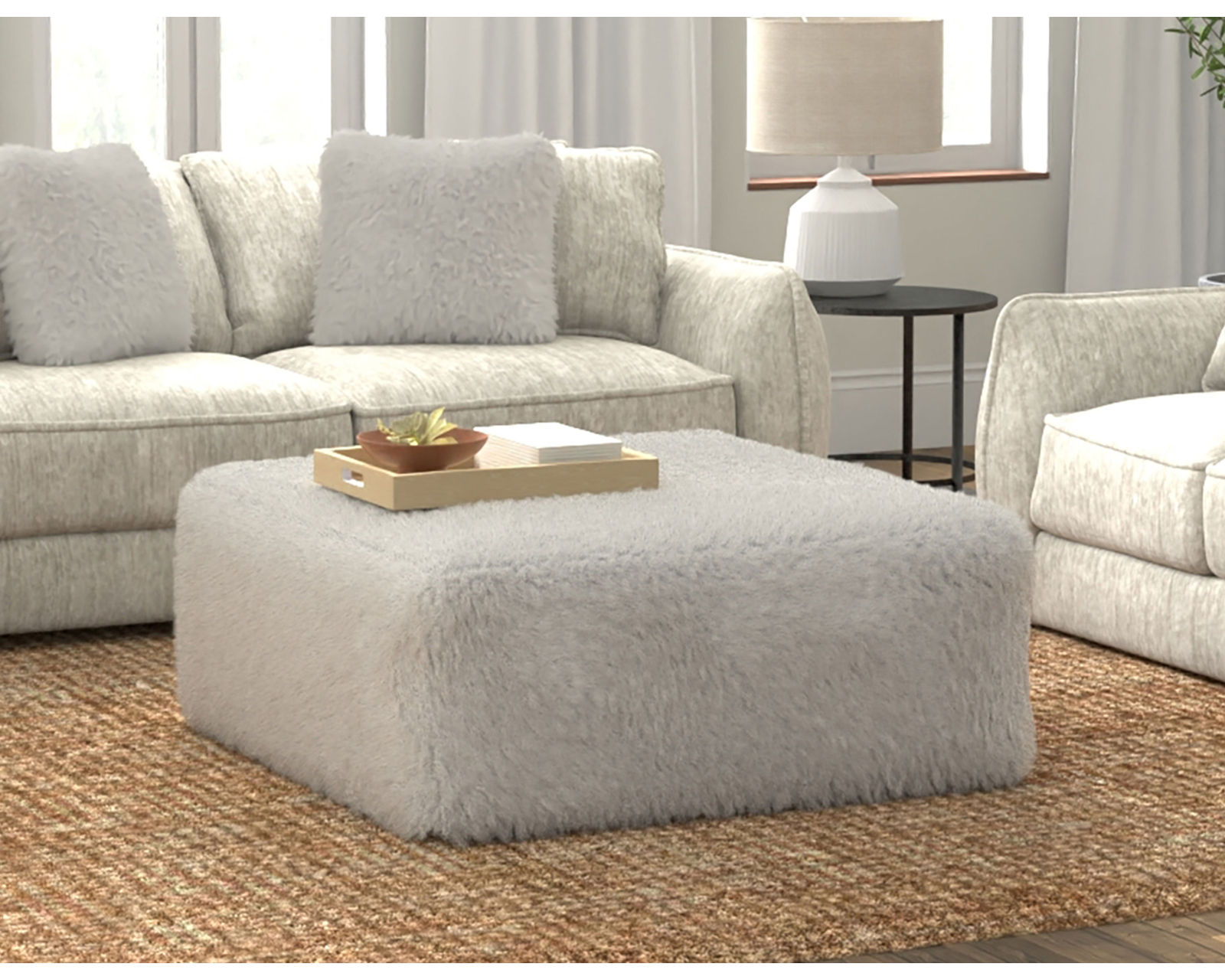 Bankside 91" Stationary Sofa (+2 colors) Includes Pillows - Bankside Cocktail Ottoman in Faux Fir Fabric