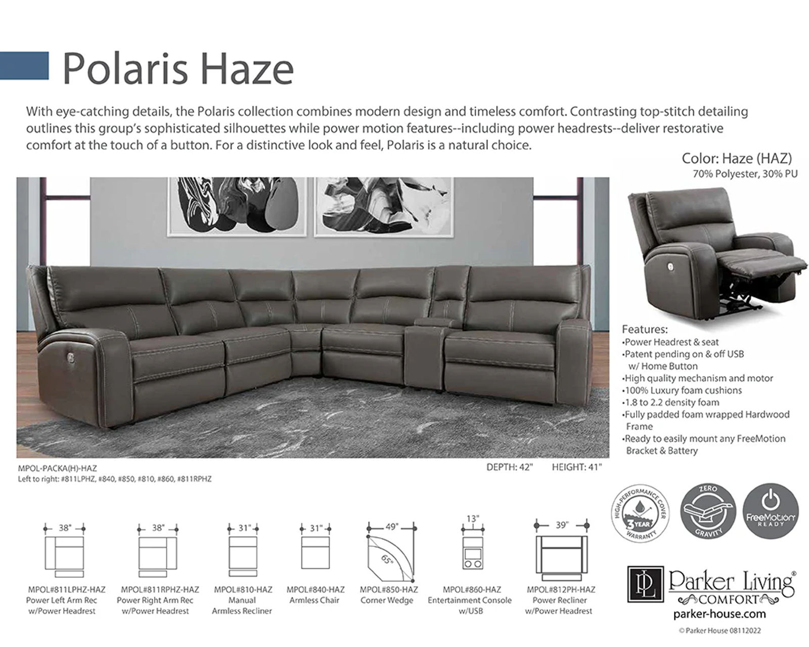 Polaris Zero Gravity Power Headrest Power Reclining Sectional Haze (In stock - Fast shipping)