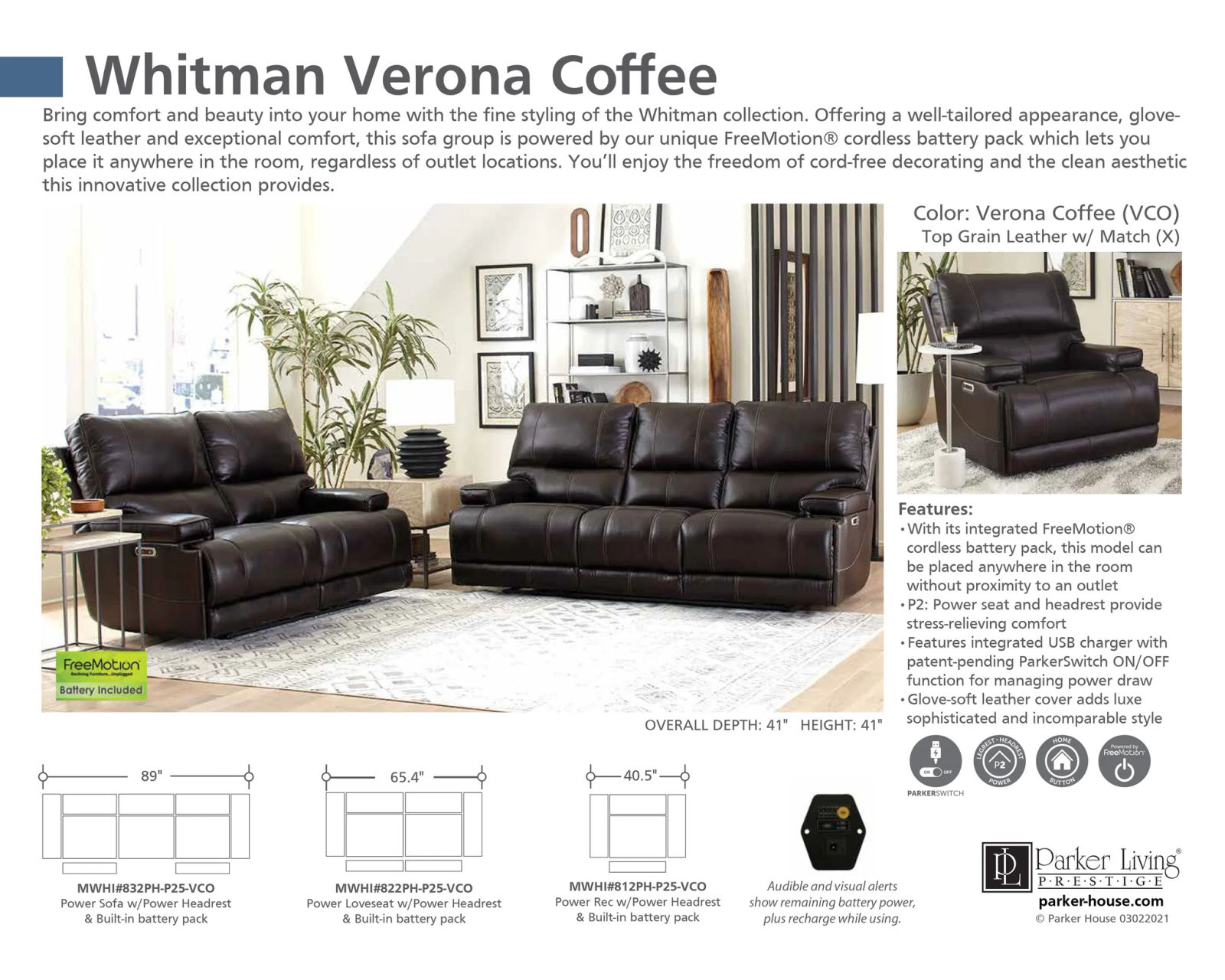 Whitman 89" FreeMotion Cordless Power Reclining Sofa (Battery Operated) Coffee (In stock - Fast shipping)