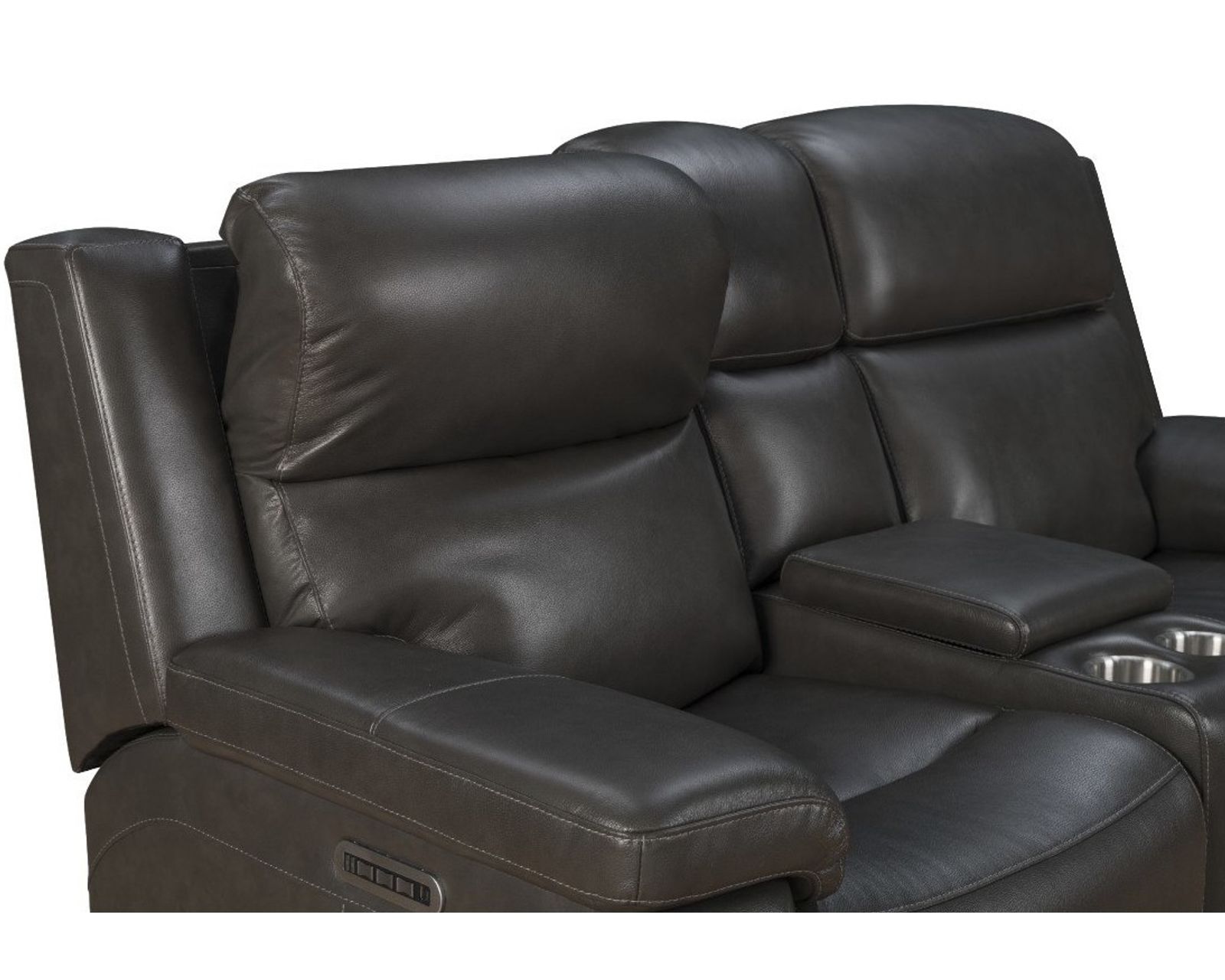 Leon 87" Power Reclining Sofa w/Power Head Rests, Power Lumbar, Heat & Massage (Dropdown Table w/Smart Tabletop Control) In stock