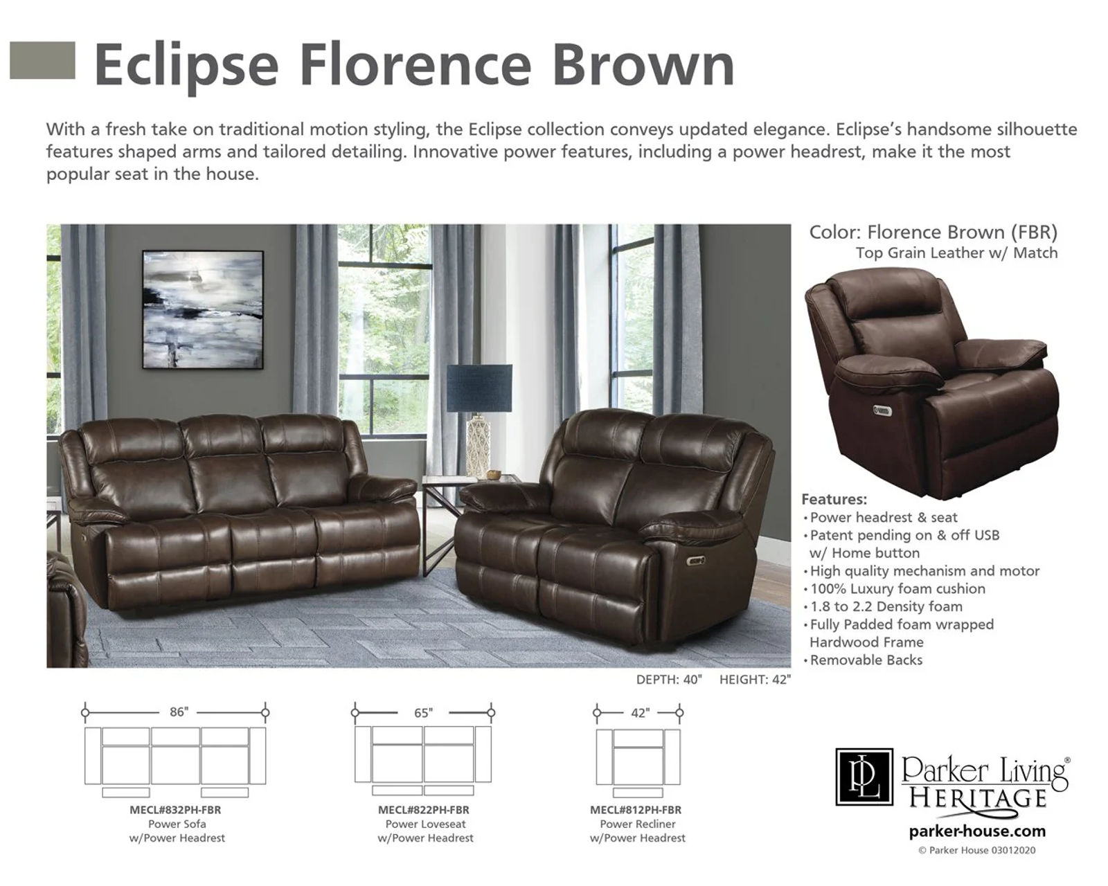 Eclipse Leather 86" Power Headrest Power Reclining Sofa Brown (In stock - Fast shipping)