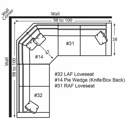 Layout J: Three Piece Sectional 98" x 98" (Size varies due to arm selection)