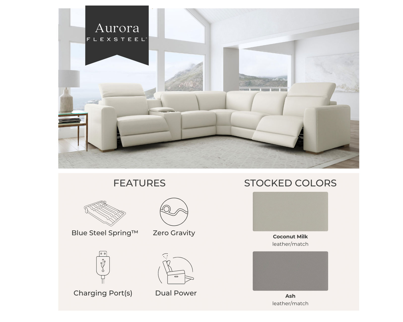 Aurora Leather Power Headrest Power Reclining Sectional (+2 colors) 749-01 - In stock - Choice of 2 leather colors