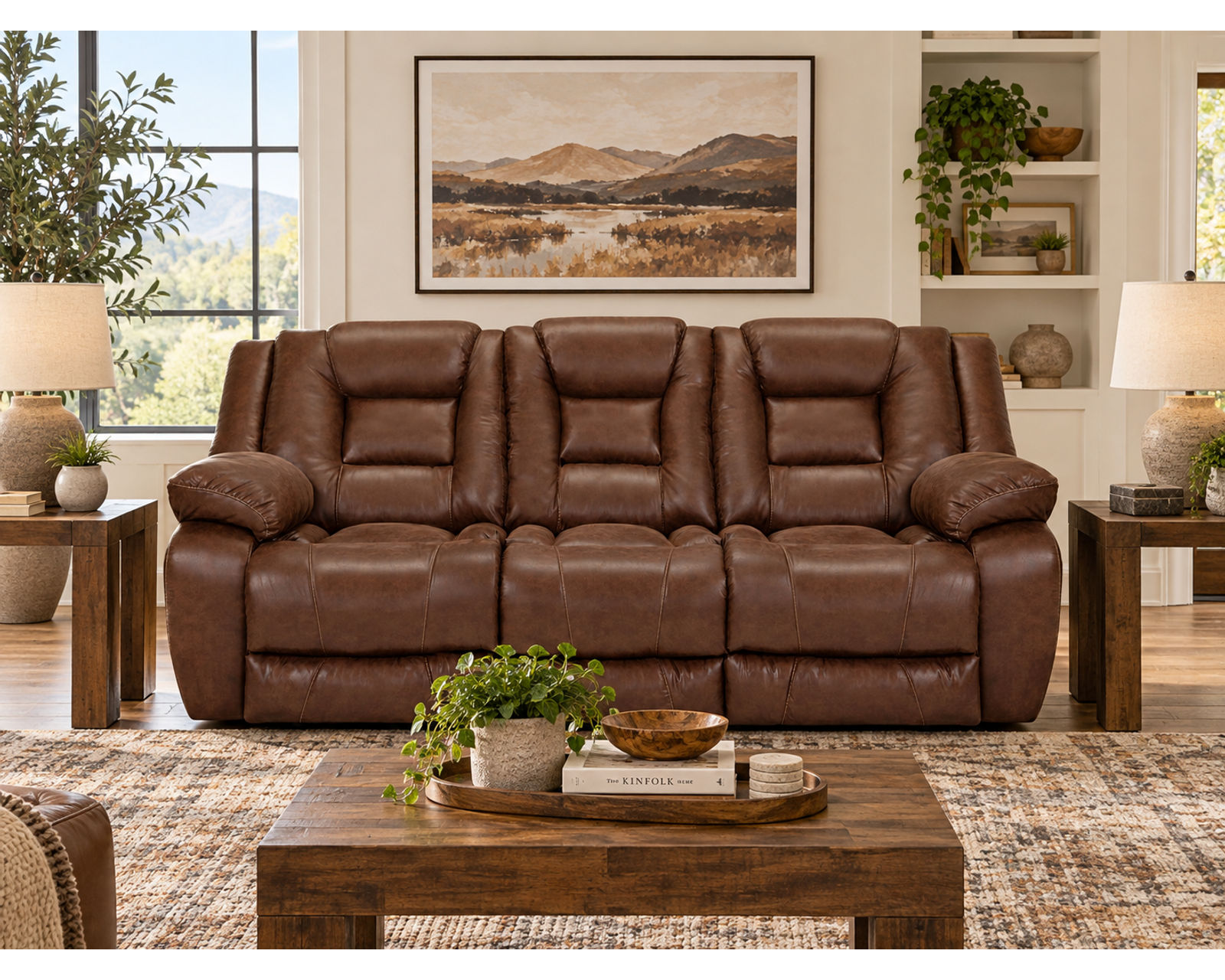 Hayworth 95" Leather-Like Power Reclining Sofa (The Look of Leather. The Comfort of Power.) - Shown in Durable Leather Like Fabric Color Maple