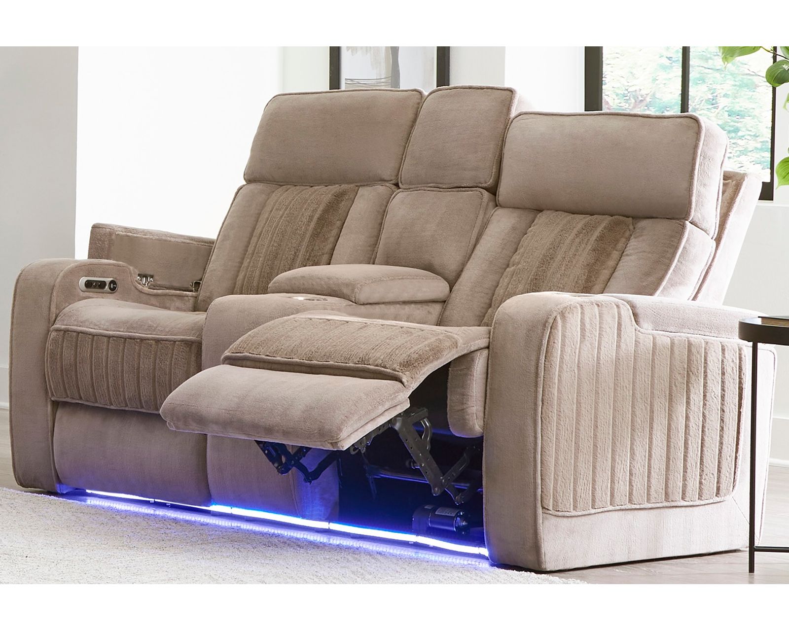 Equinox 85" Power Headrest Power Reclining Sofa w/ Drop Down Table Mushroom (In stock - Fast Shipping - Equinox Power Headrest Power Reclining Console Loveseat