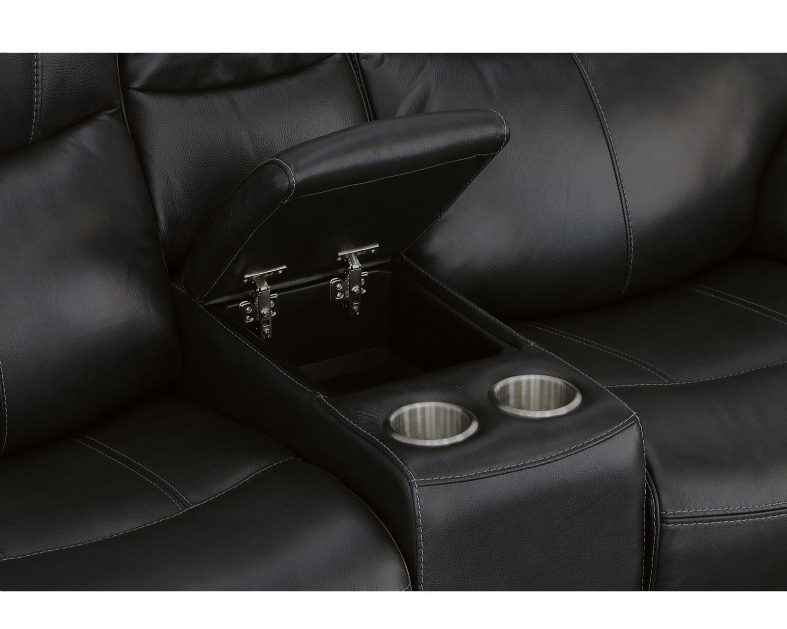 Crew Power Reclining Loveseat with Console, Power Headrests & Lumbar (Black leather) in stock - Console features storage, cupholders and USB charging