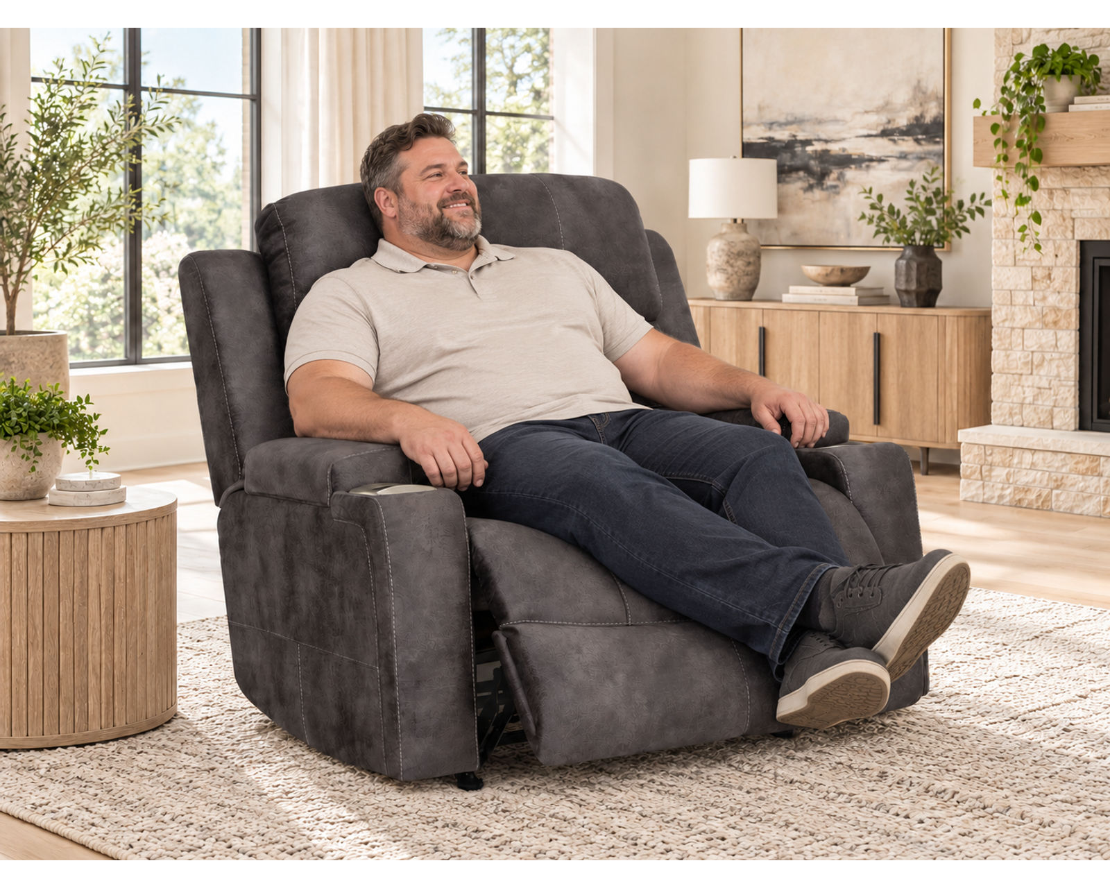 Arlington 8507 Chair & A Half Power Rocker Recliner (Extra-Wide Comfort. Built-In Storage. Wireless Charging) - Durable Leather Like Fabric Color Ebony