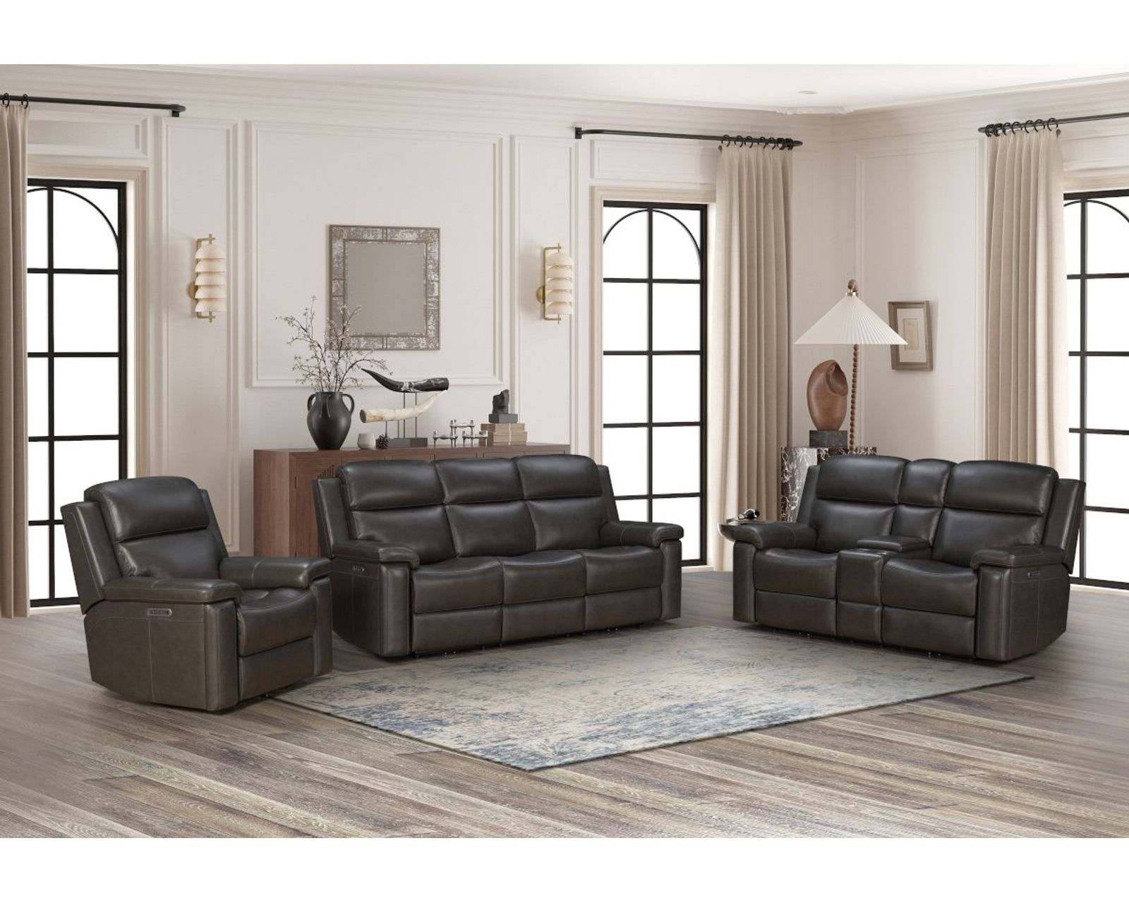 Leon 87" Power Reclining Sofa w/Power Head Rests, Power Lumbar, Heat & Massage (Dropdown Table w/Smart Tabletop Control) In stock