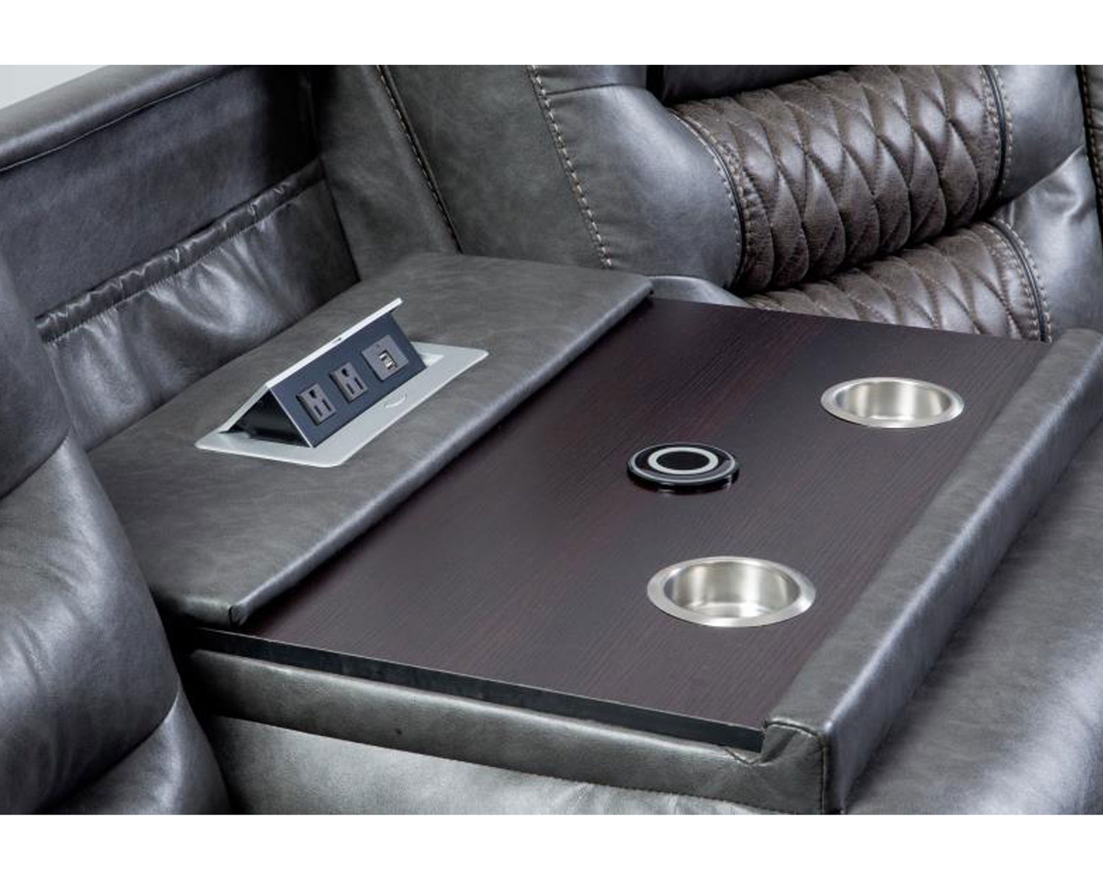 Outlaw Power Headrest Power Reclining Sectional (Leather like fabric) In stock - Fast shipping - Dropdown table features USB Charging, 120 Volt Charging, Cupholders and Wireless Charging
