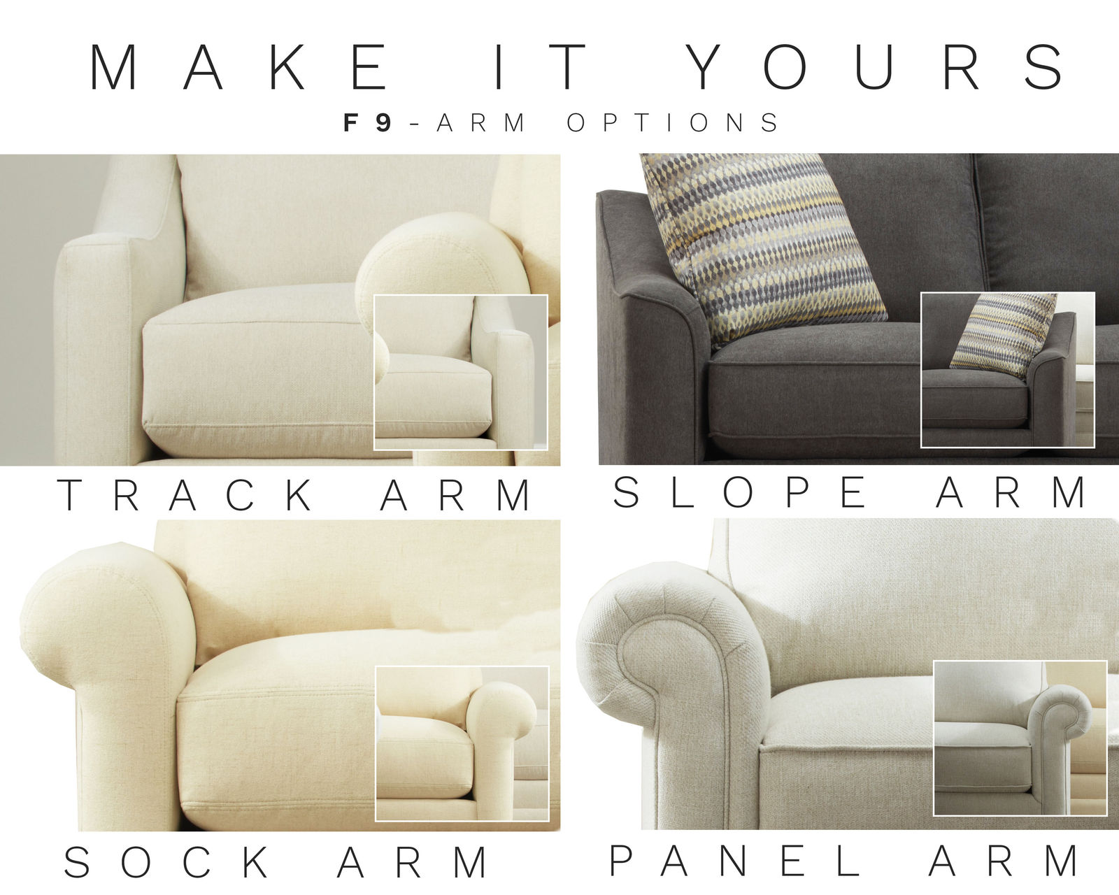 F9 Stationary Sectional (100+ Performance fabrics) Make it Yours - Choice of 4 arms