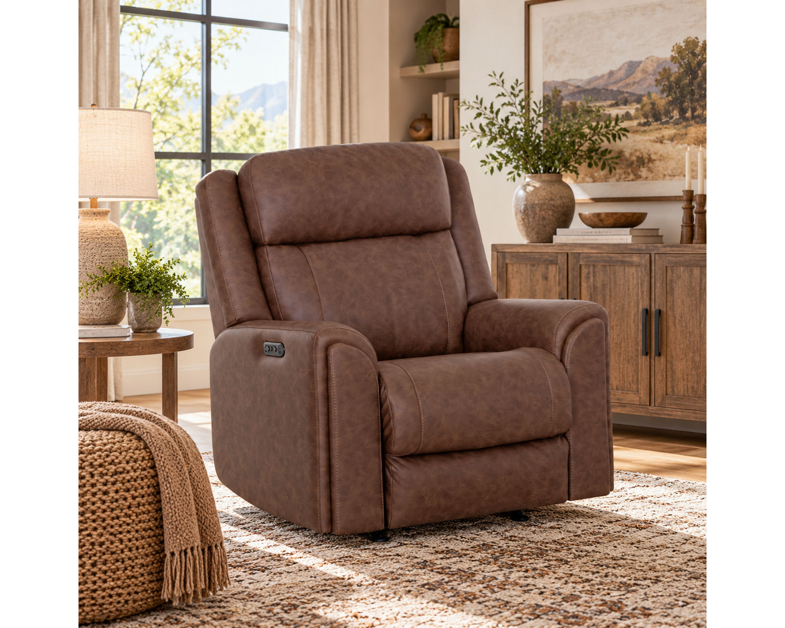Parker 91" Reclining Sofa with Drop-Down Table & Cupholders Brown (Refined Style. Personalized Comfort. Available Neori™ Air Massage) - Shown In Durable Leather Like Fabric Vintage Brown