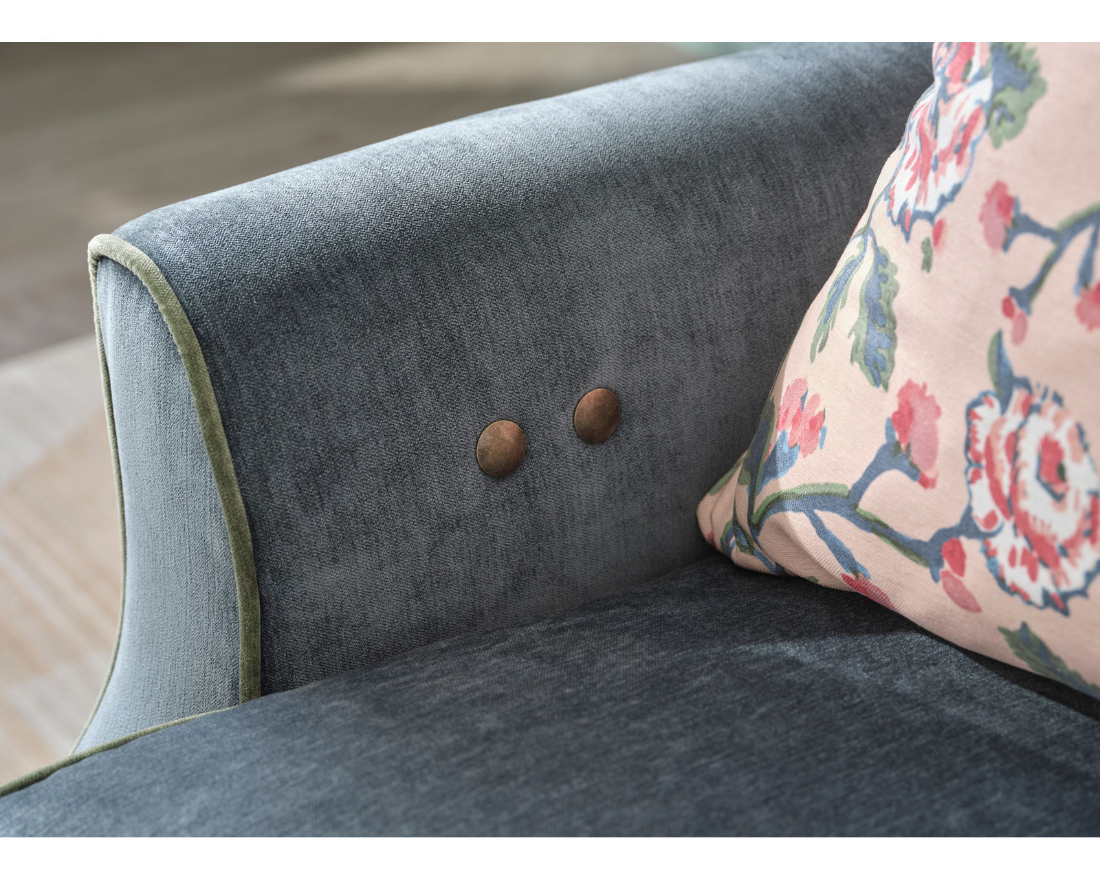 Erin & Ben Adeline 84" Incliner Sofa (+50 fabrics) - Brass button on the inside of the arm for power recline.