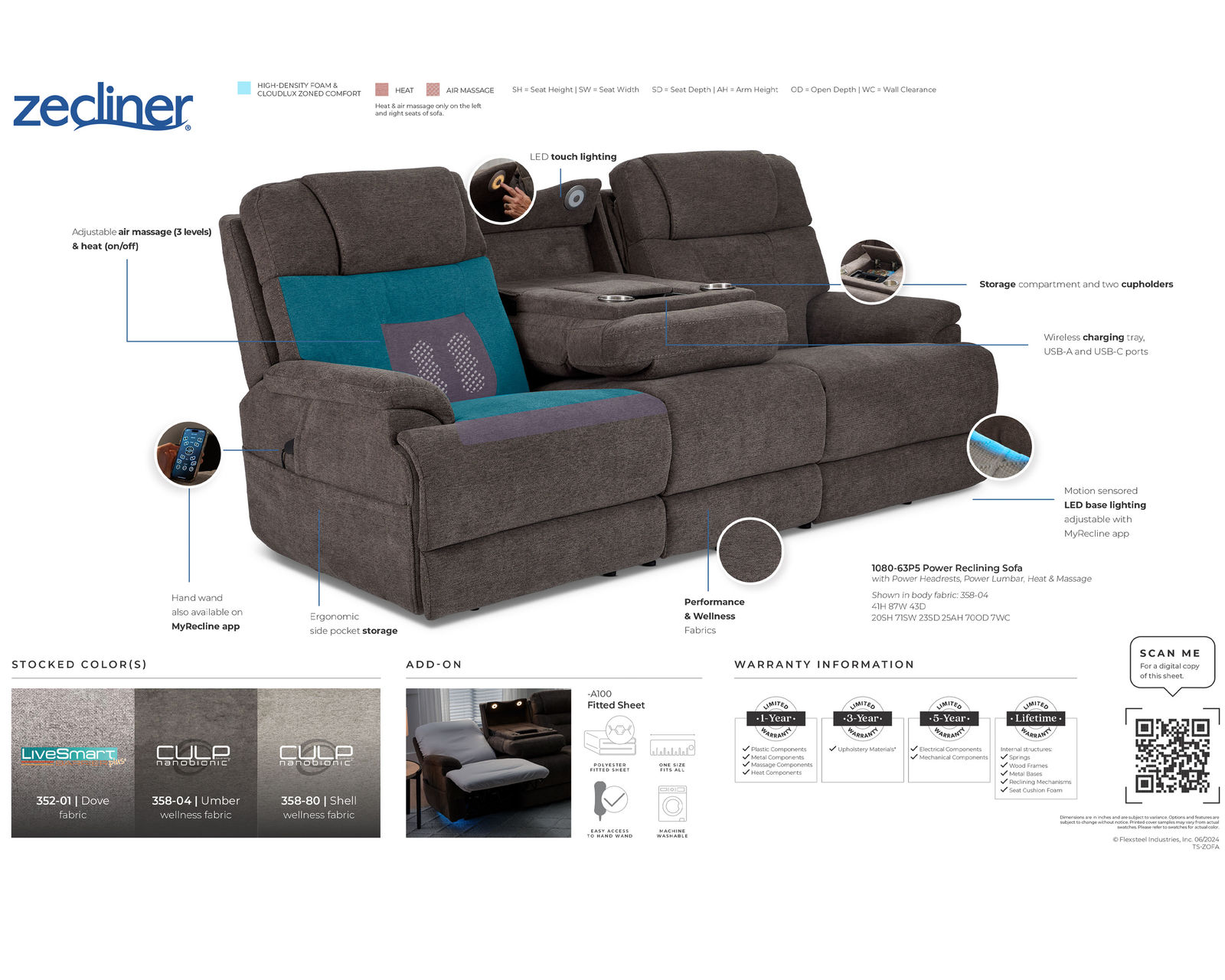 Zofa 1080 Power Sleep Sofa with Zero Gravity, Power Headrests, Lumbar Heat and Massage (3 colors) in stock