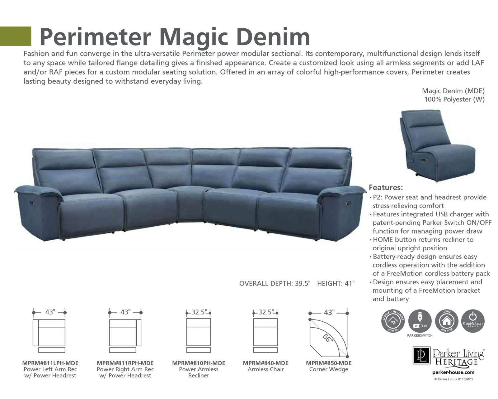 Perimeter Power Reclining Sectional Blue 122" x 122" (In stock - Fast shipping)