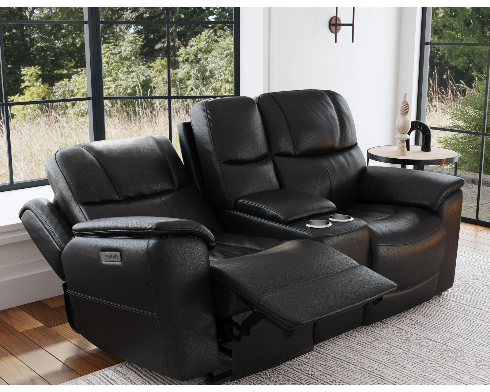Crew Power Reclining Loveseat with Console, Power Headrests & Lumbar (Black leather) in stock - Crew Power Reclining Loveseat with Console, Power Headrests & Lumbar