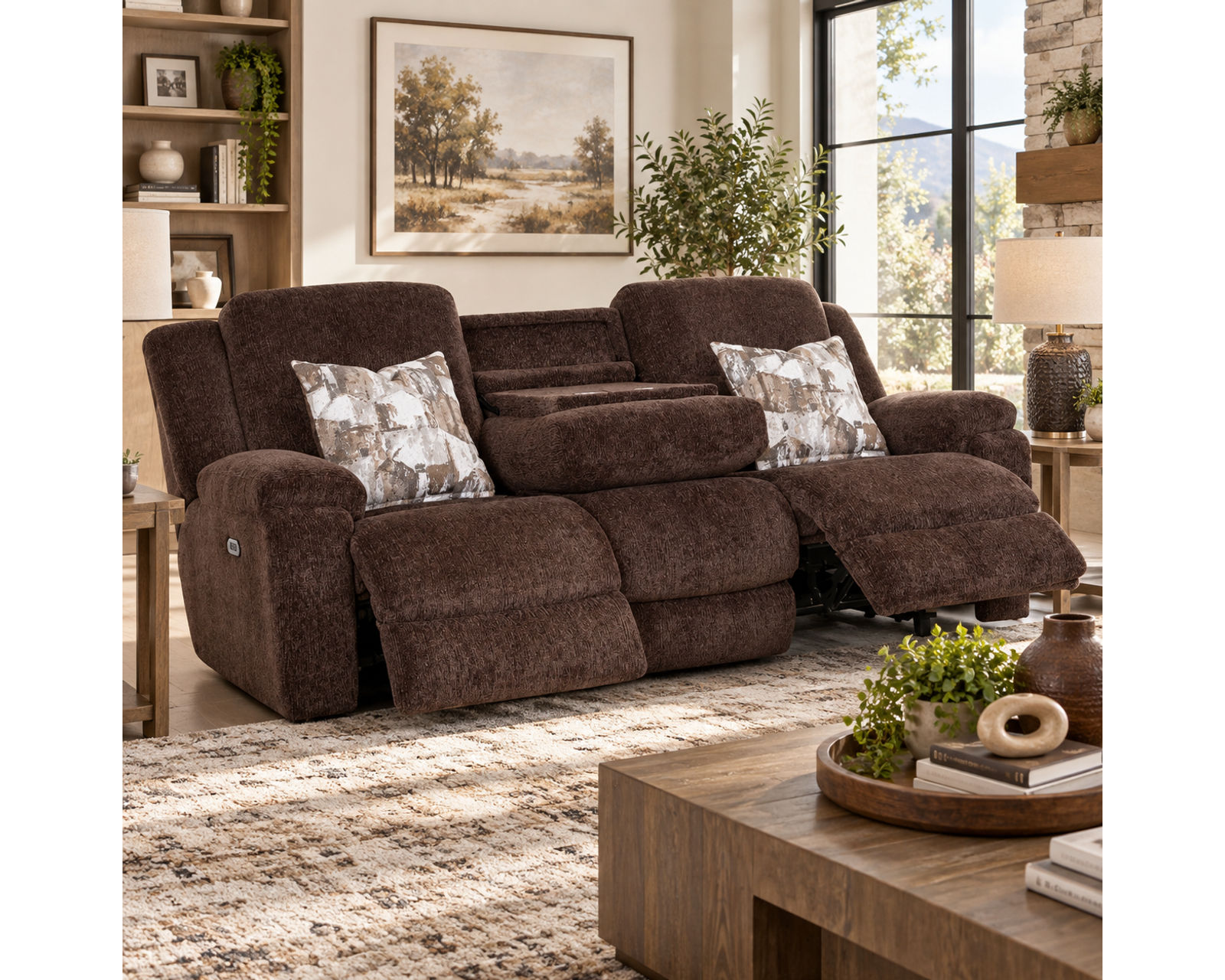 Heston 90" Reclining Sofa with Drop-Down Table & Cupholders (Plush Comfort. Smart Convenience. Designed Around the Way You Relax) - Shown in Durable Polyester Color Chocolate