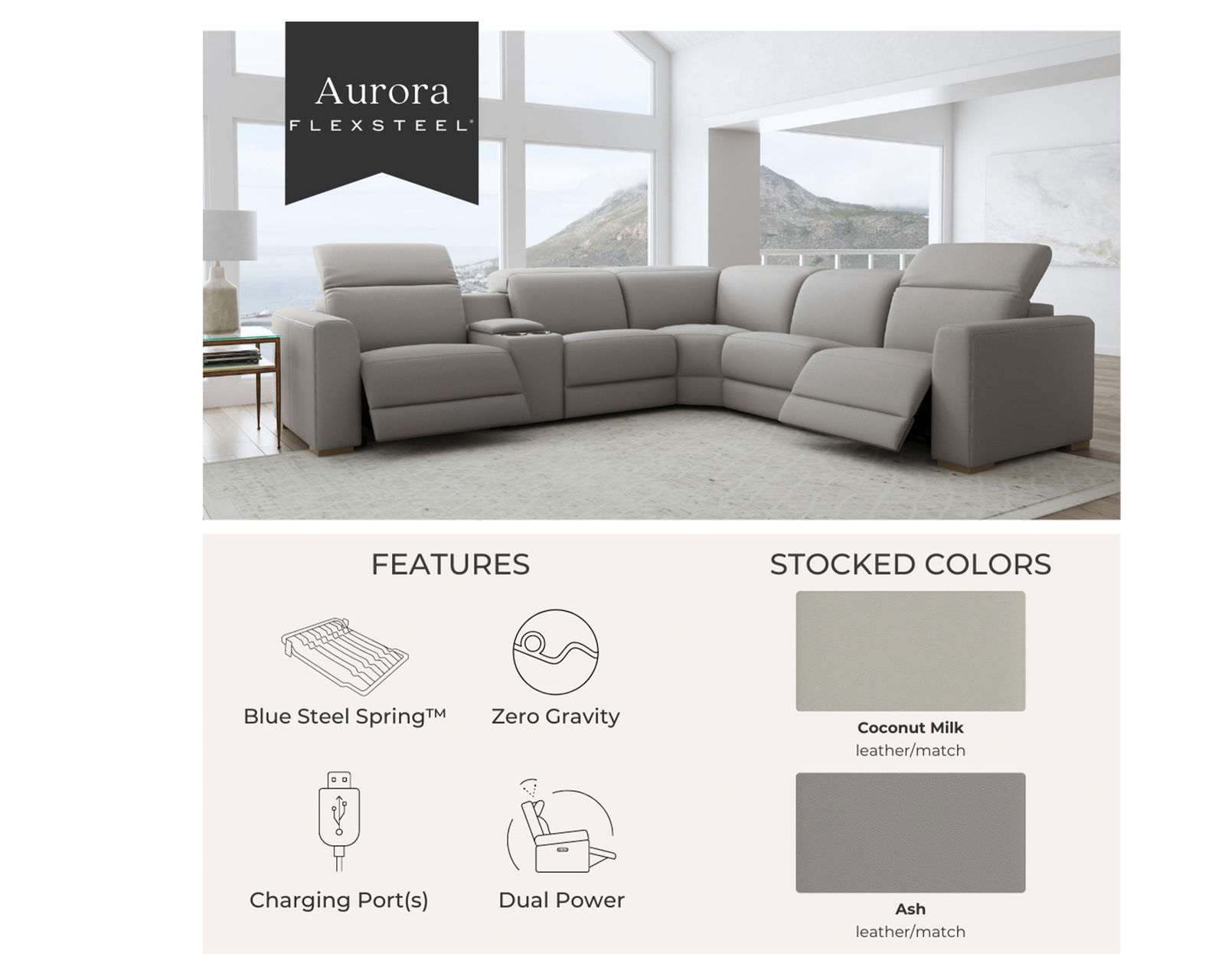 Aurora Leather Power Headrest Power Reclining Sectional (+2 colors) 749-01 - In stock - Choice of 2 leather colors