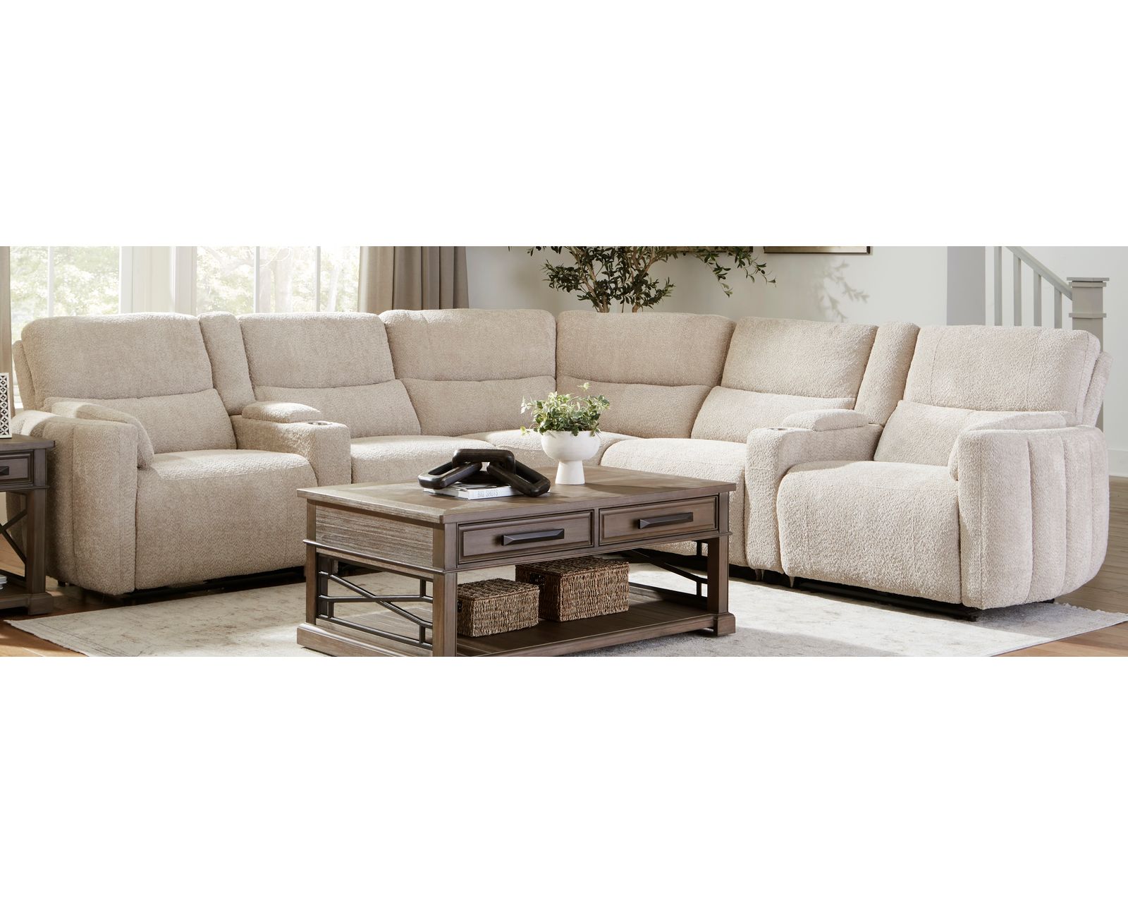 Modesto Power Headrest Power Reclining Fabric Sofa (In stock - Fast Shipping) -  Layout C: Seven Piece Reclining Sectional (Three Recliners) 132" x 132"