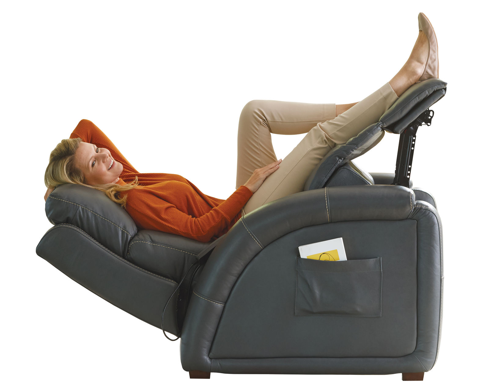 Reliever Power Headrest Power Lay-Flat Recliner Advanced Wellness Comfort with Deep-Tissue Massage, Heat, Power Lumbar & Zero Gravity Relaxation (two colors) - Shown in Leather Color Gunmetal