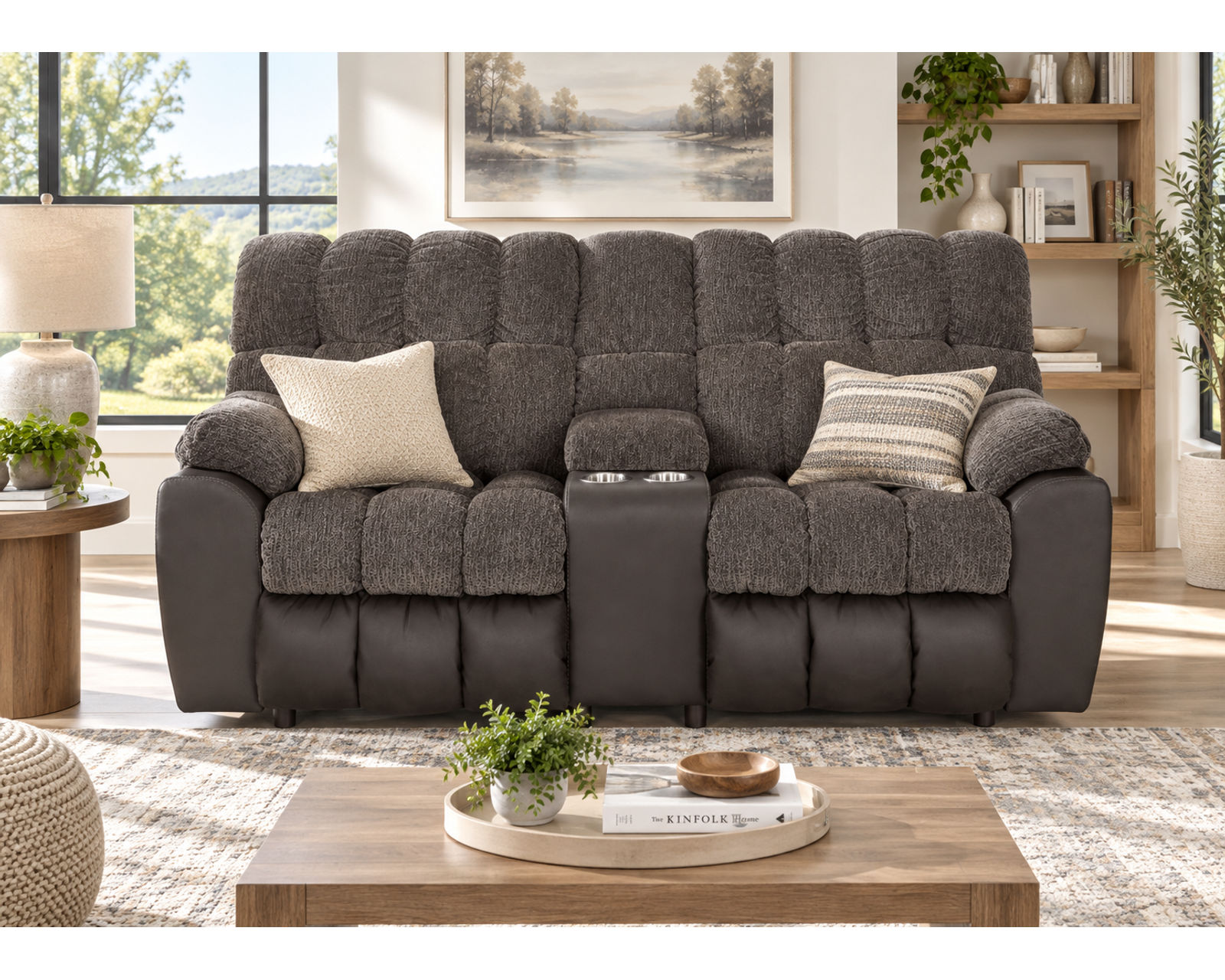 Westwood 88.5" Reclining Sofa with Drop-Down Table, Reading Lights, Cupholders & Storage Drawer (Movie-Night Comfort. Entertainment Built Right In) - Features a Center Console with Metal Cupholders and Storage