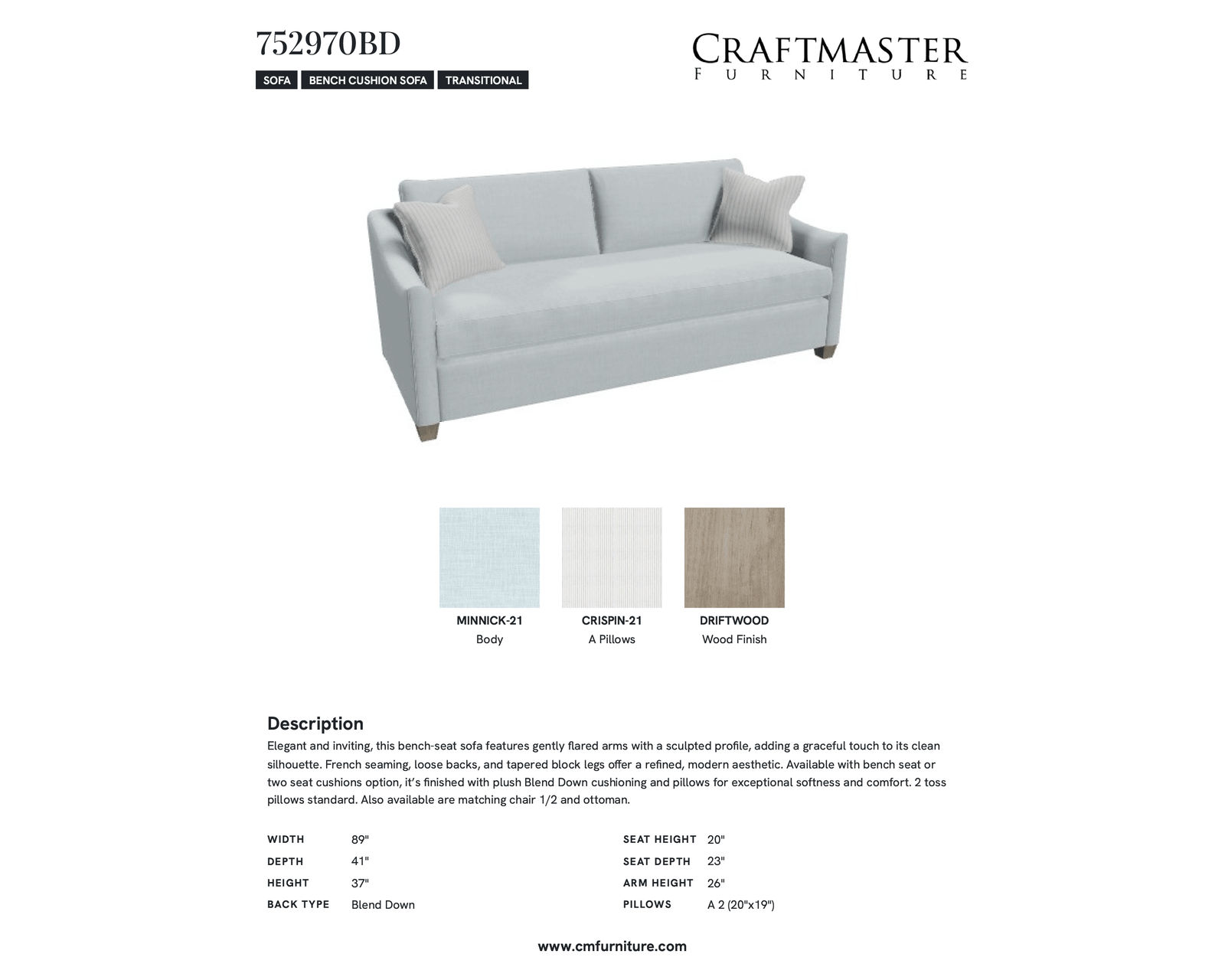 Rockwell 7529 Bench Seat Sofa (89") +100 performance fabrics - Specification