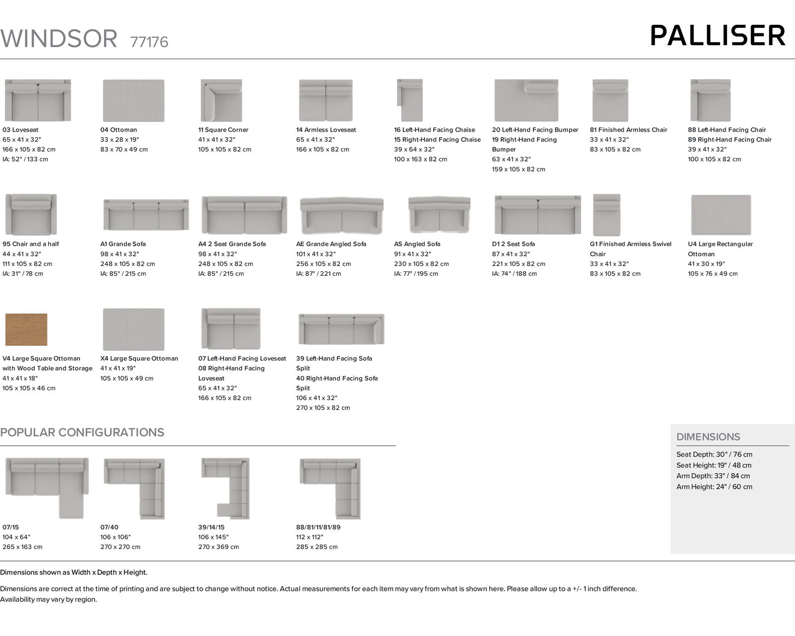 Windsor 77176 Angled Sofa (91" or 101") +140 colors - Pieces Available