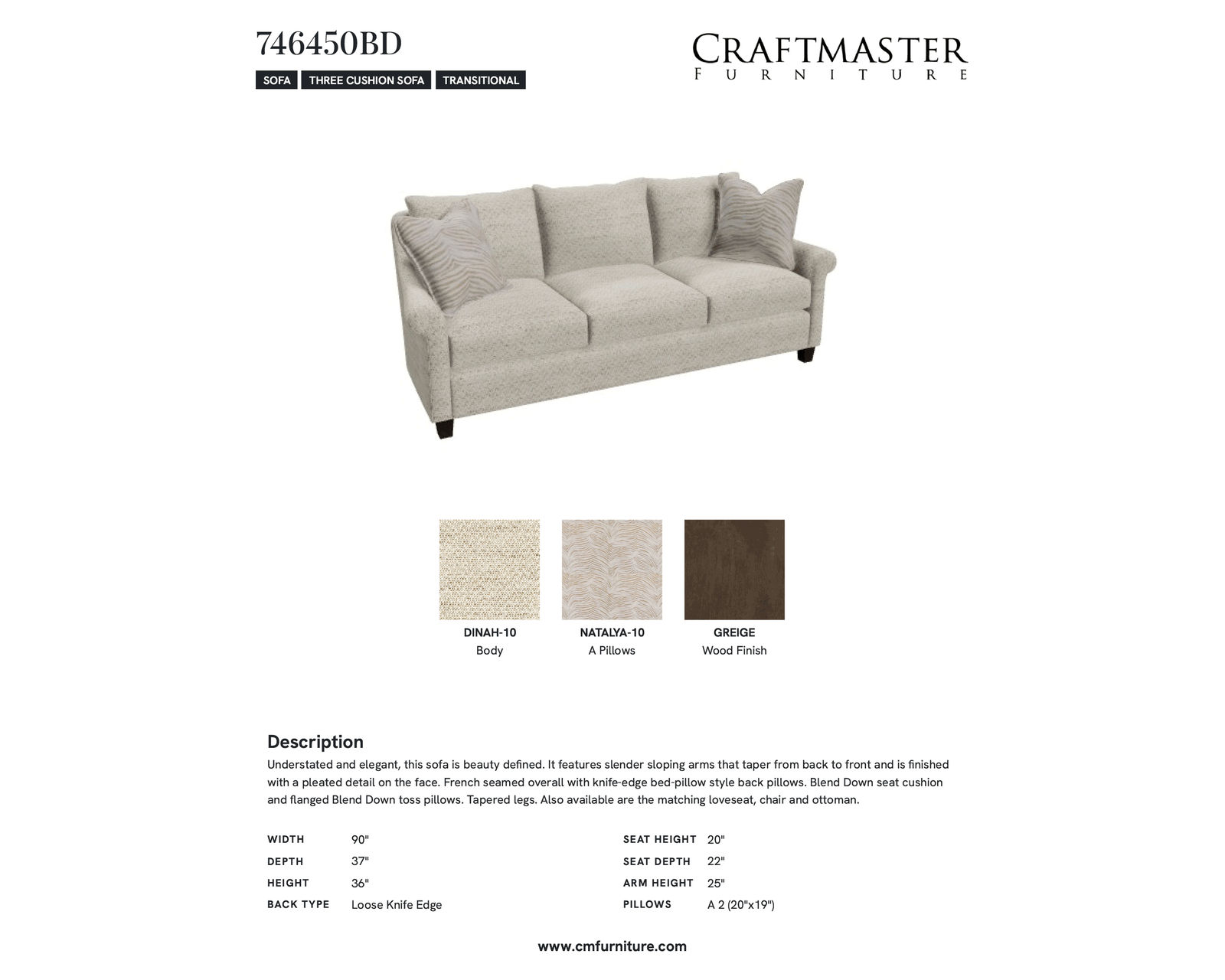 Sheffield 7464 Sofa (90") +100 performance fabrics) - Specifications