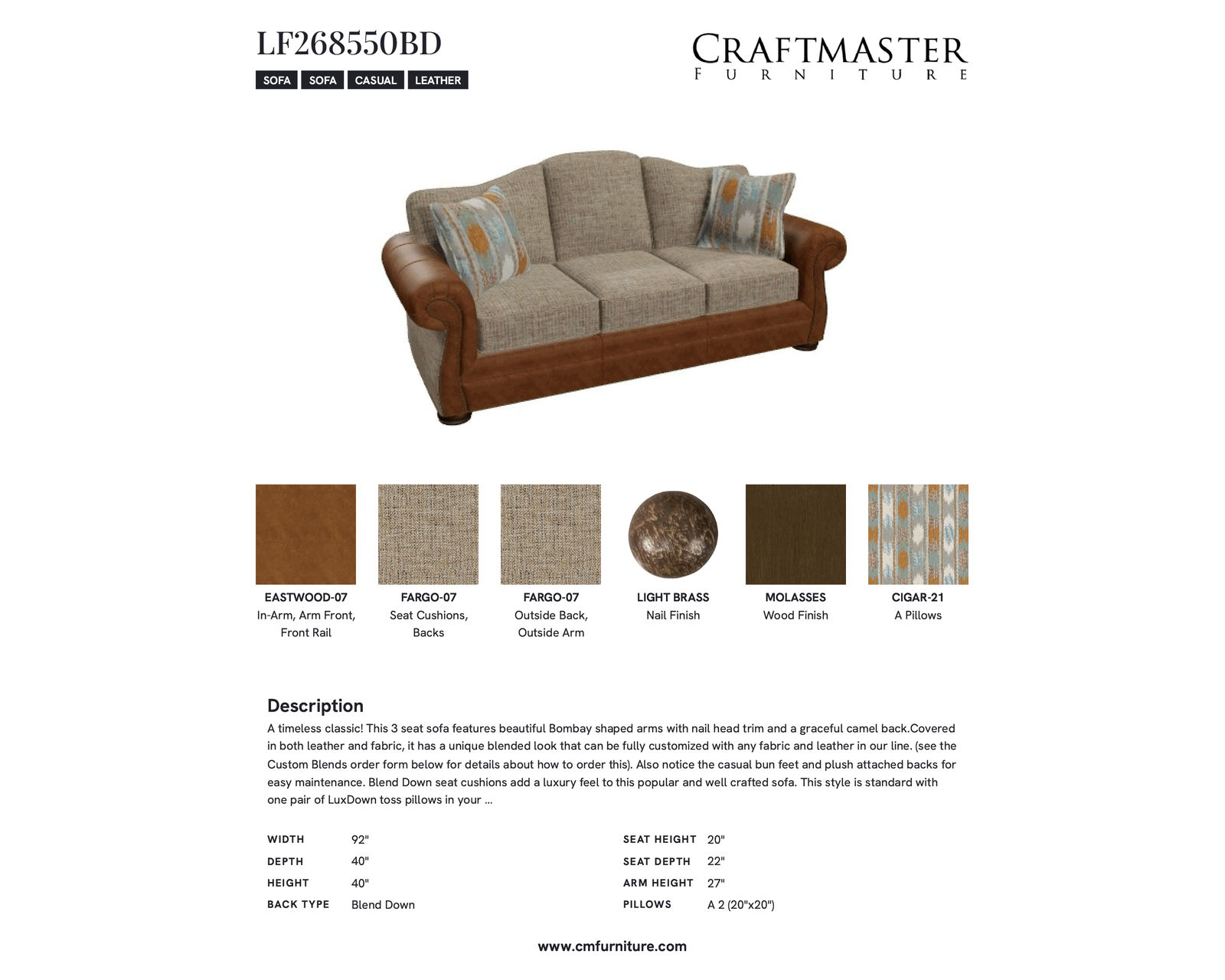 Grandover LF2685 Leather and Fabric Sofa (92") - Specifications
