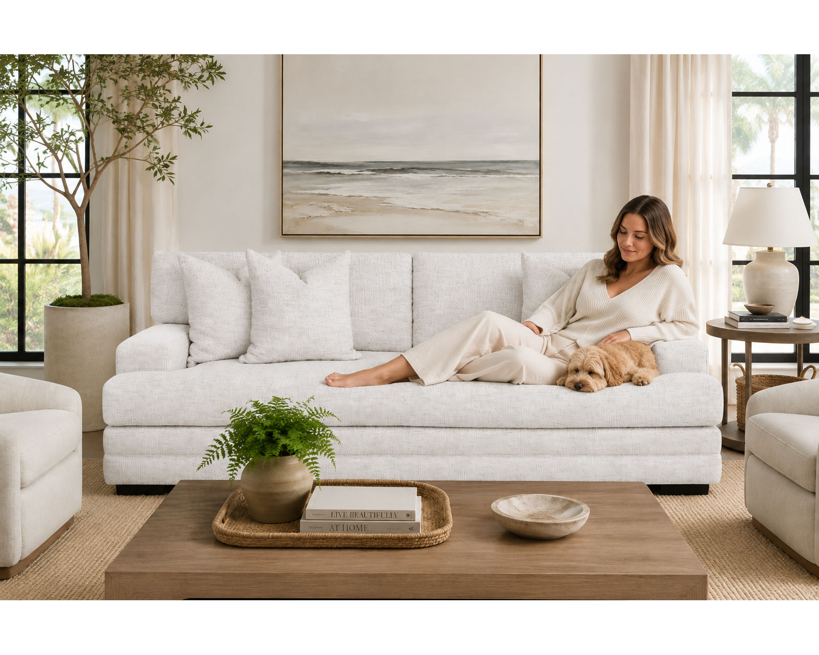 Serene 99" Sofa (Cloud-Like Comfort. Elevated Style. High Performance Fabric) - Features a Down Seating Fiber Alternative