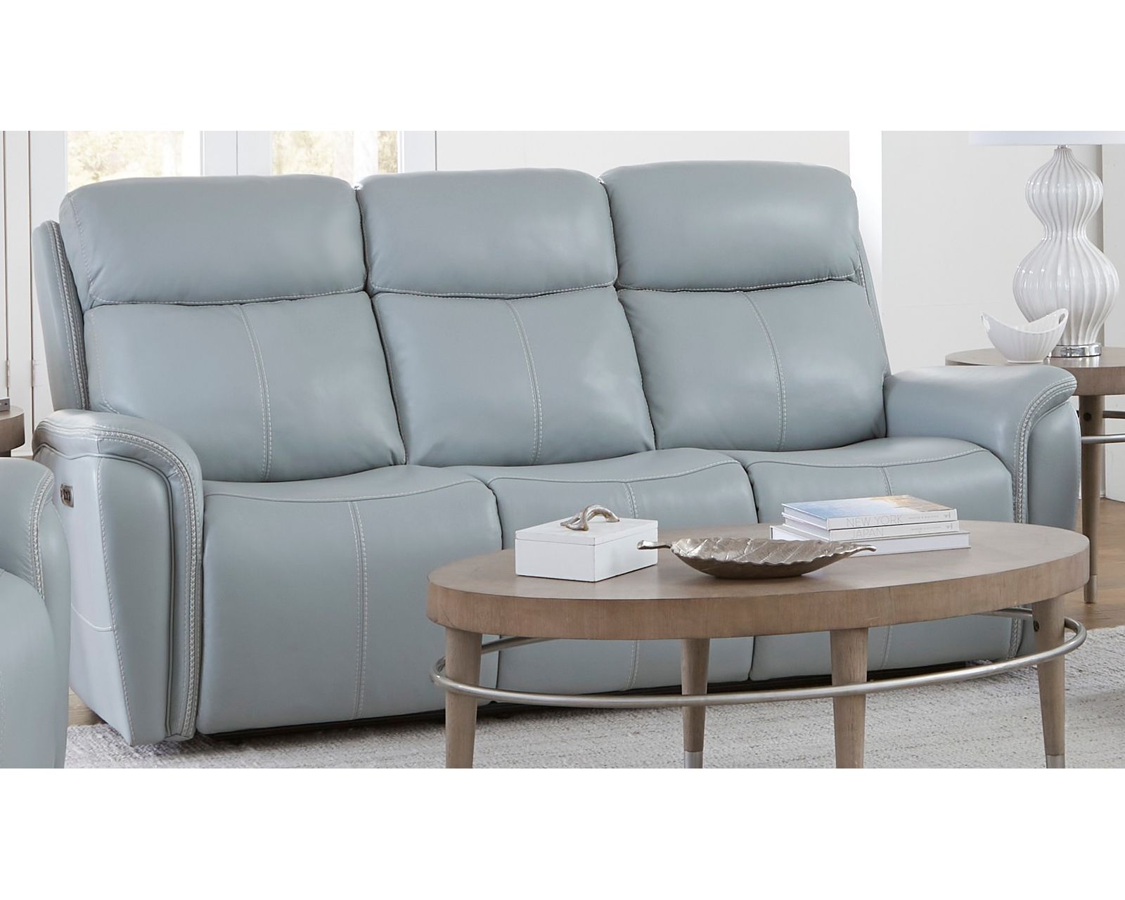 Cascade 83" Power Headrest Power Leather Reclining Sofa Seamist (In stock - Fast Shipping)