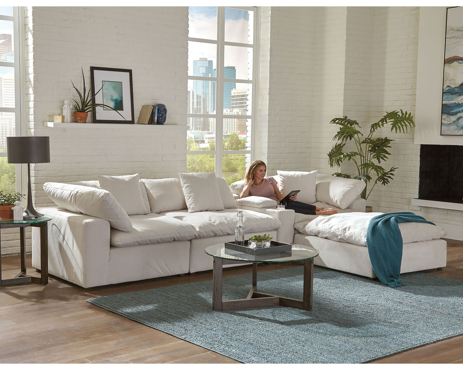 Posh Modular Sectional ( high performance fabric) includes pillows - 2 colors - Sectional Layout: D  - Porcelain Fabric