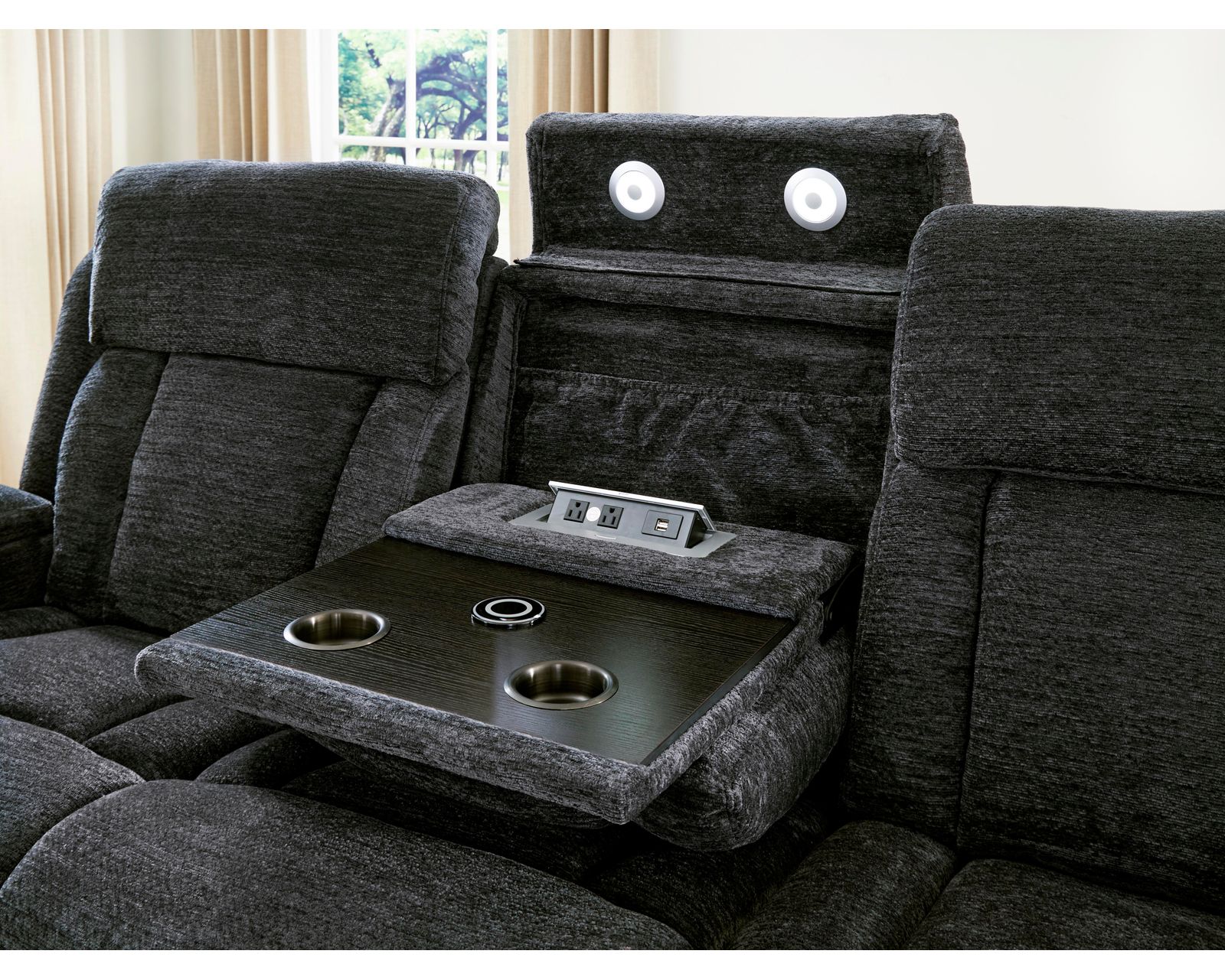 Dalton 89" Power Headrest Power Reclining Sofa with Reading Light and Drop Down Console Charcoal (In stock - Fast shipping) - Drop down table with cup holders, power center, reading light and wireless charger
