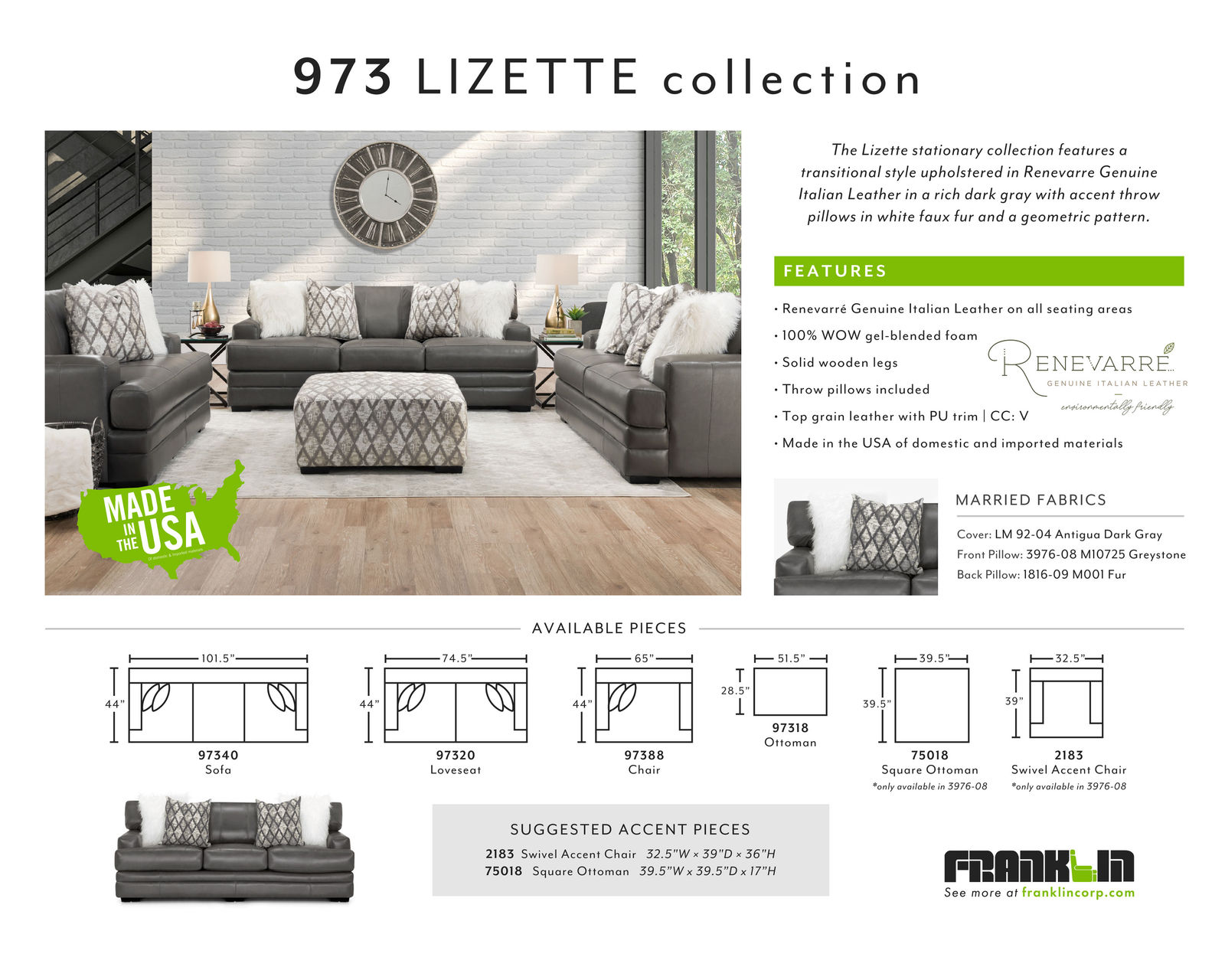 Lizette 973 Leather Sofa (101") Includes Pillows