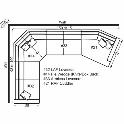 Layout L: Four Piece Sectional 98" x 150" (Size varies due to arm selection)
