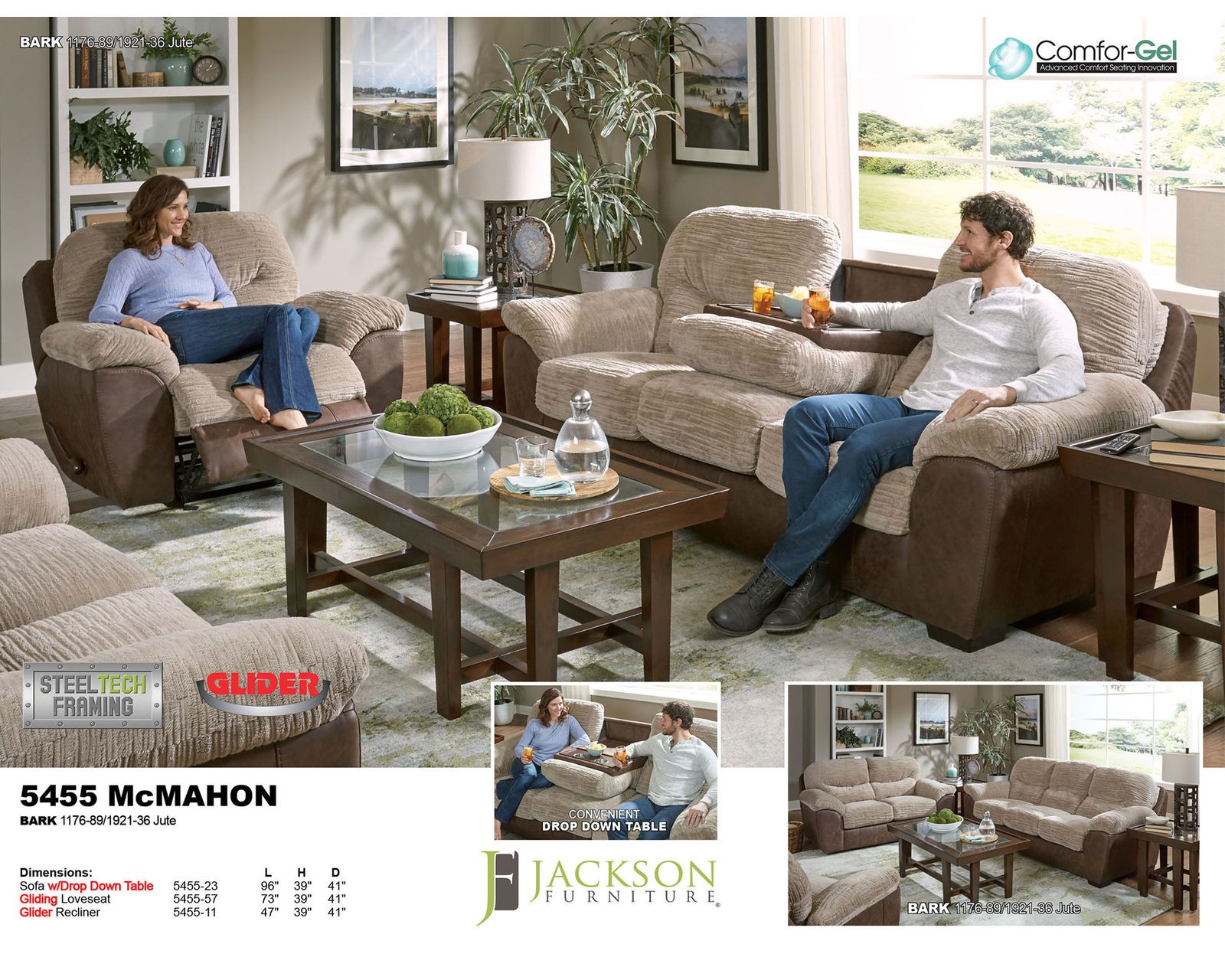 McMahon 96" Sofa with Drop Down Table (two tone polyester fabric)