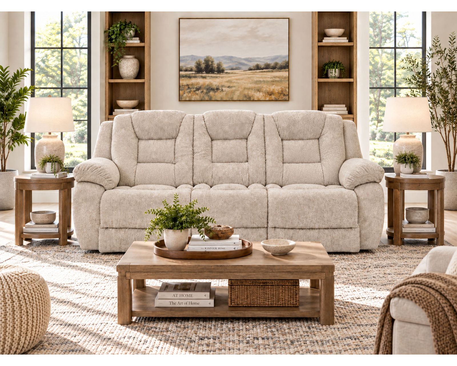 Hayworth 95" Reclining Sofa Ash (Luxury Comfort Without the Price) - Shown in Durable Polyester Fabric Color Pumice