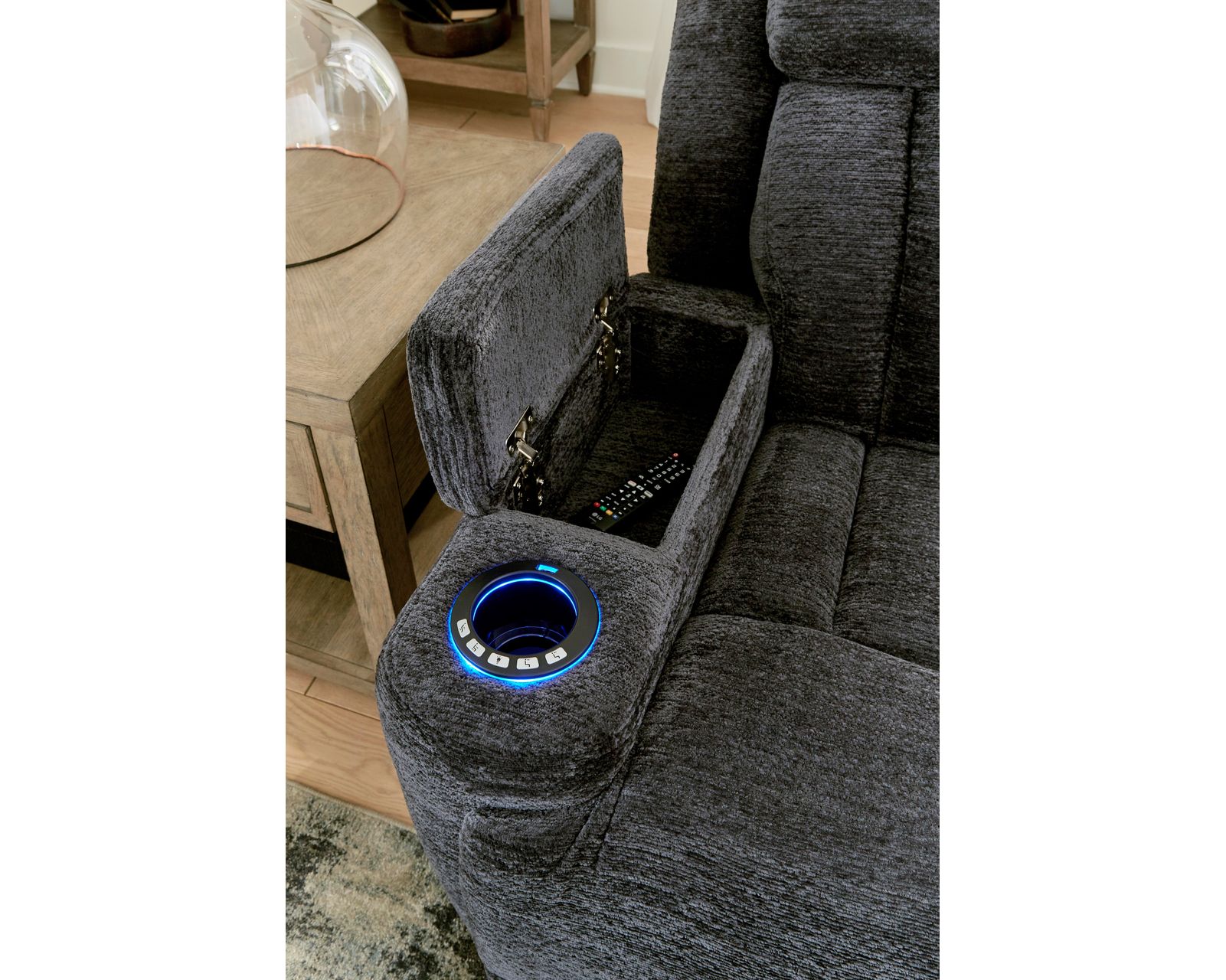 Dalton Power Headrest Power Recliner Charcoal (In stock - Fast shipping) - Features in arm storage and cupholders