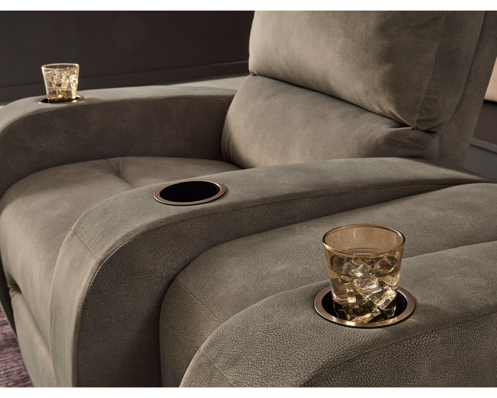 Cameo Home Theater Sectional (+100 fabrics) - Features metal cupholders in the reclining arms